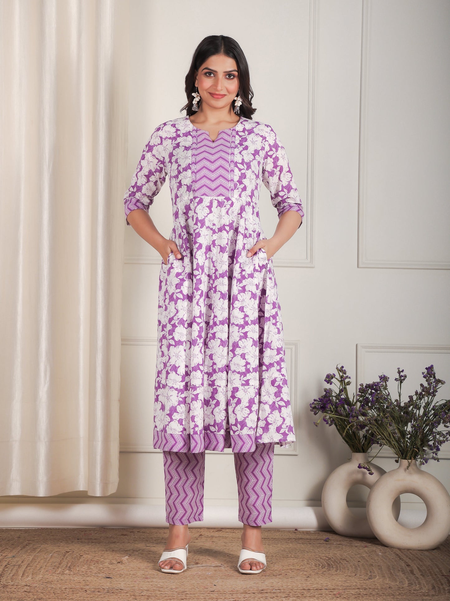 Soft Cotton Floral Anarkali Purple Kurta
