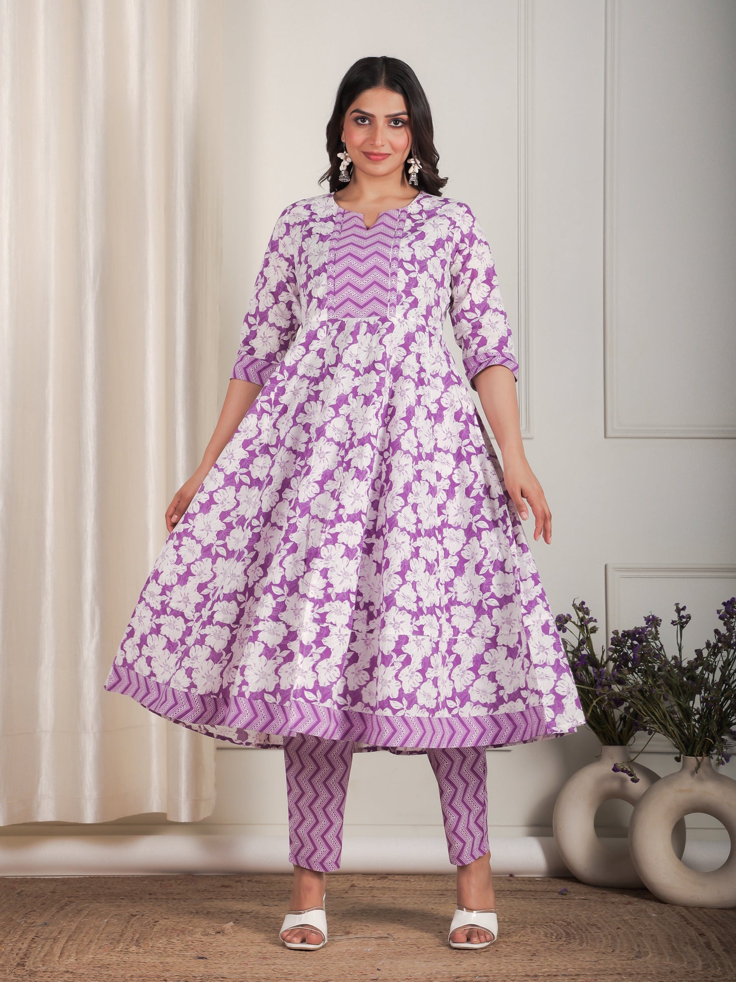Soft Cotton Floral Anarkali Purple Kurta