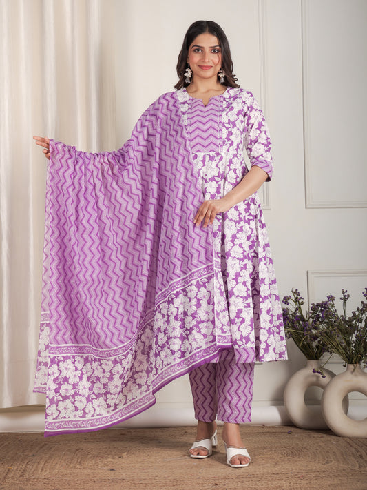 Soft Cotton Floral Anarkali Purple Kurta