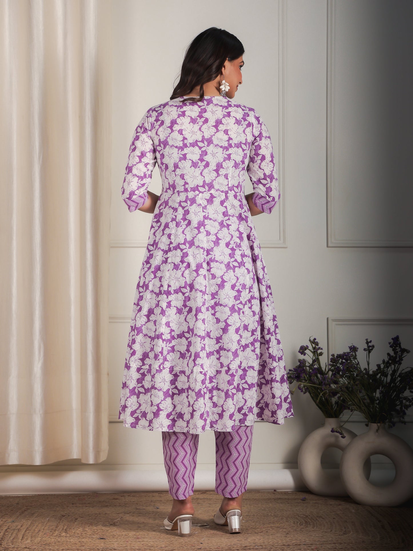 Soft Cotton Floral Anarkali Purple Kurta