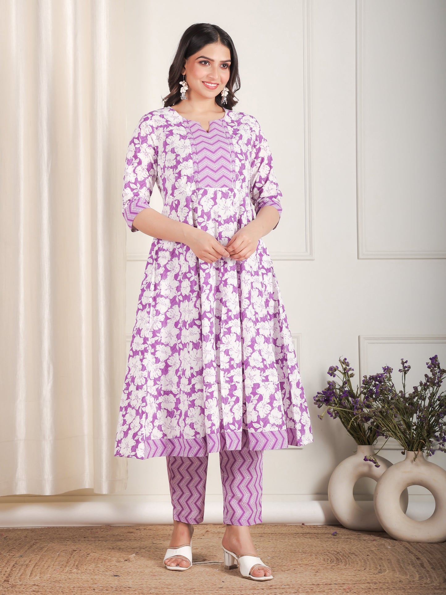 Soft Cotton Floral Anarkali Purple Kurta