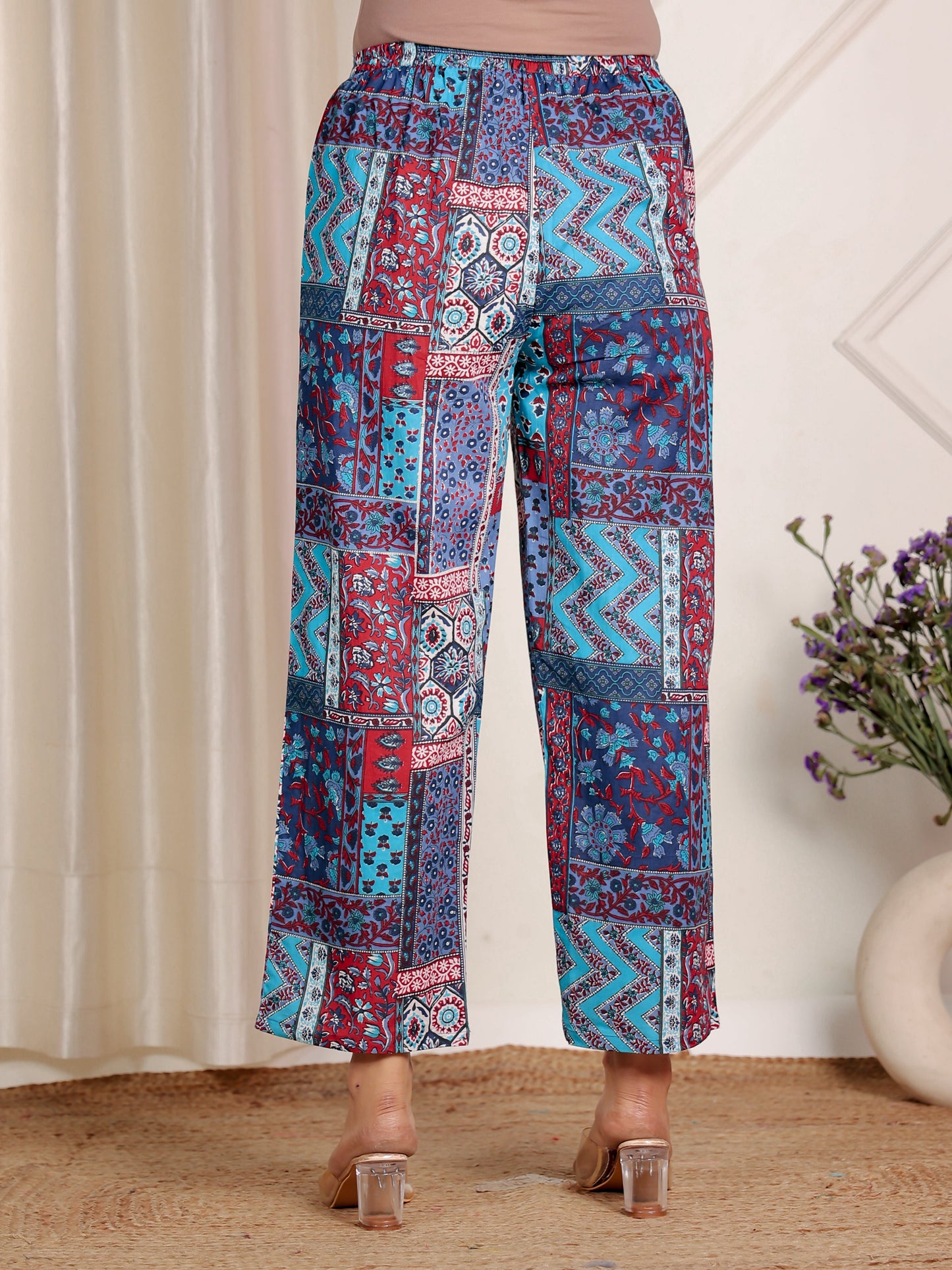 Soft Cotton Patchwork Blue Straight Trousers
