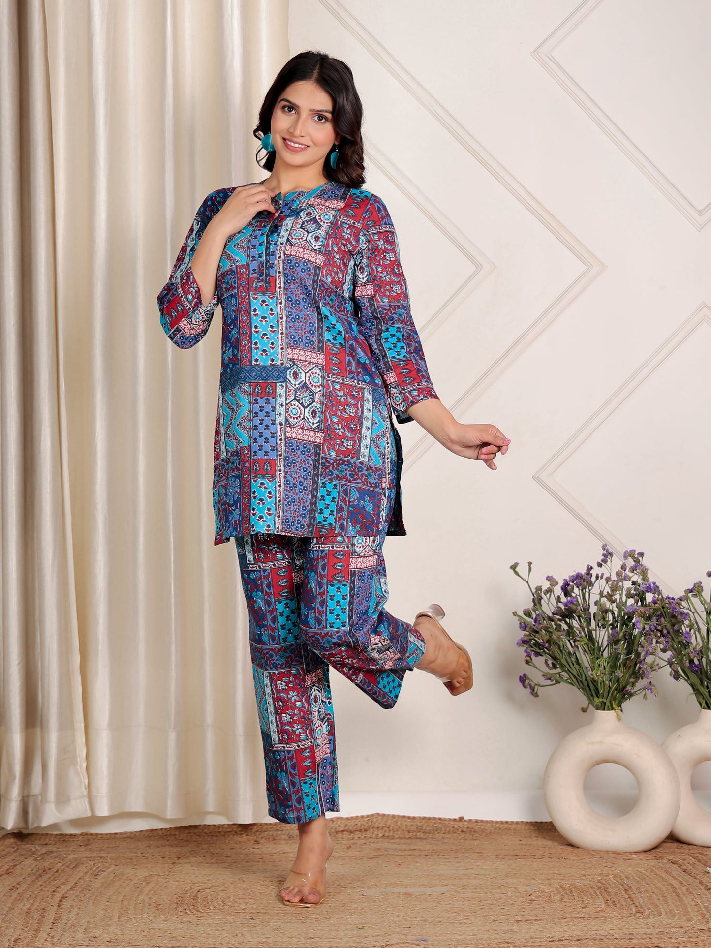 Soft Cotton Patchwork Straight Blue Kurta