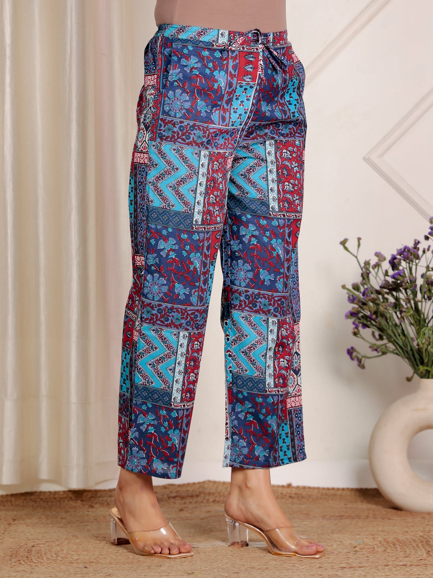 Soft Cotton Patchwork Straight Blue Kurta