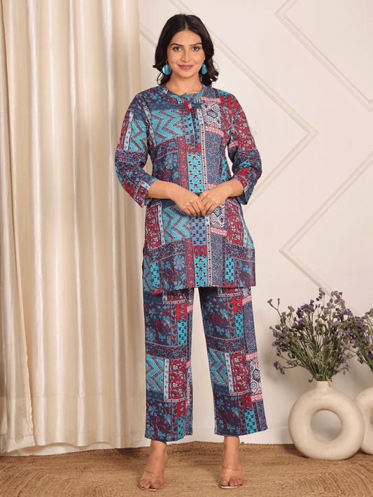 Soft Cotton Patchwork Straight Blue Kurta