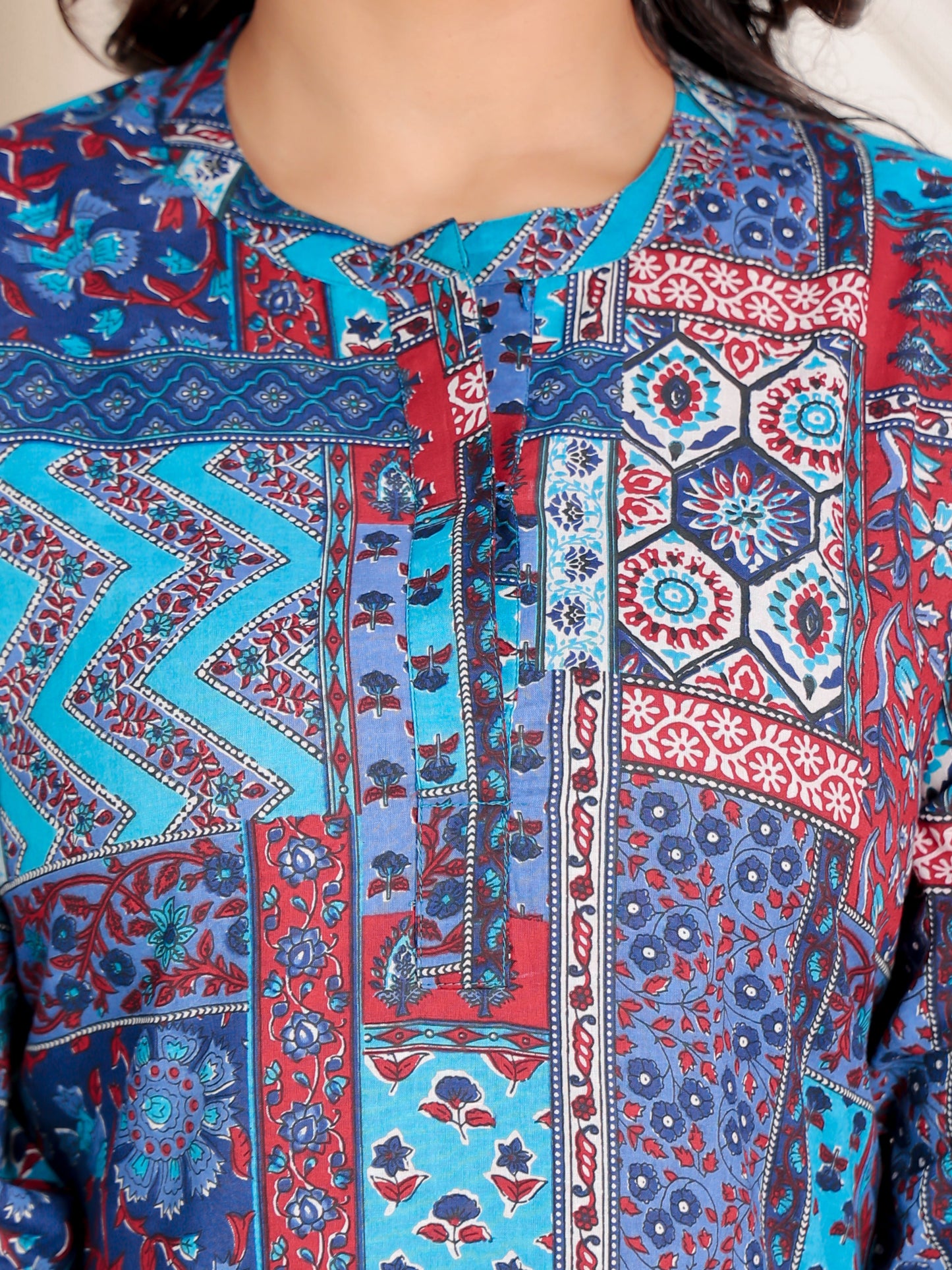 Soft Cotton Patchwork Straight Blue Kurta