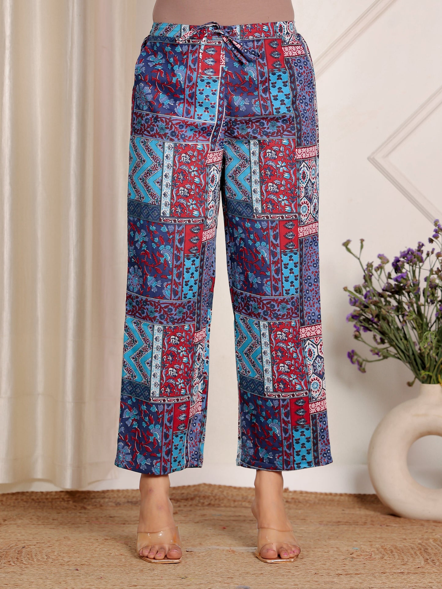 Soft Cotton Patchwork Straight Blue Kurta