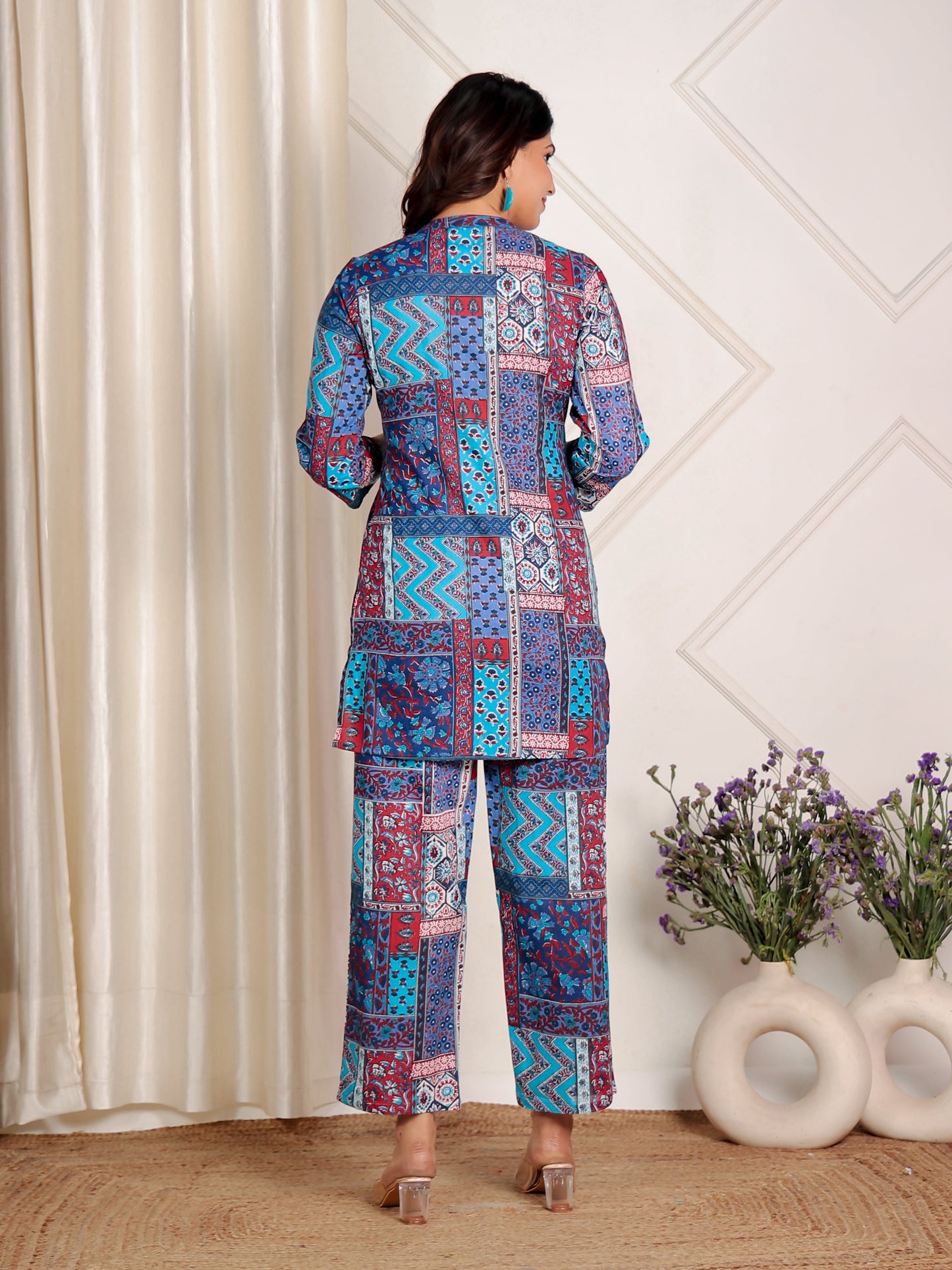Soft Cotton Patchwork Straight Blue Kurta