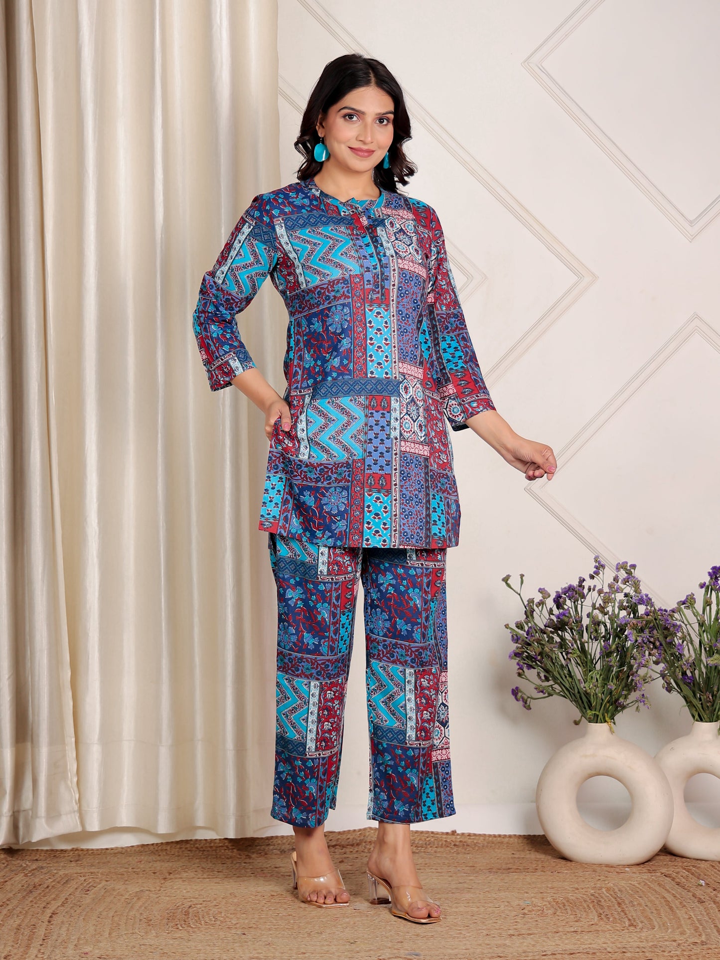 Soft Cotton Patchwork Straight Blue Kurta