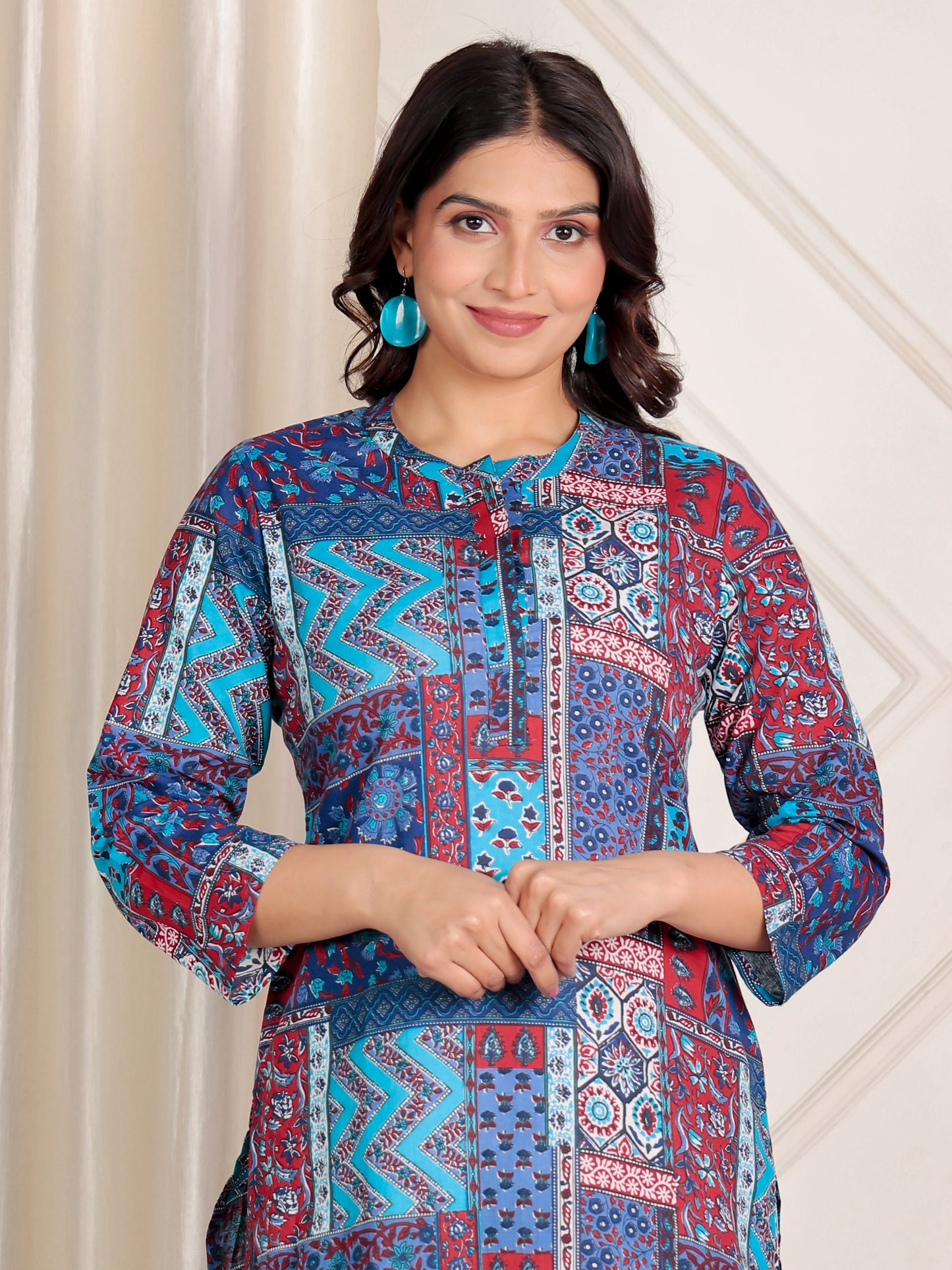 Soft Cotton Patchwork Straight Blue Kurta