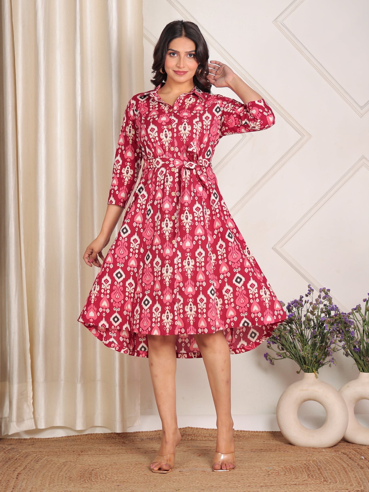 Soft Cotton Ikat High Low Maroon Dress