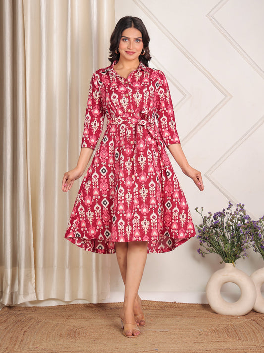 Soft Cotton Ikat High Low Maroon Dress