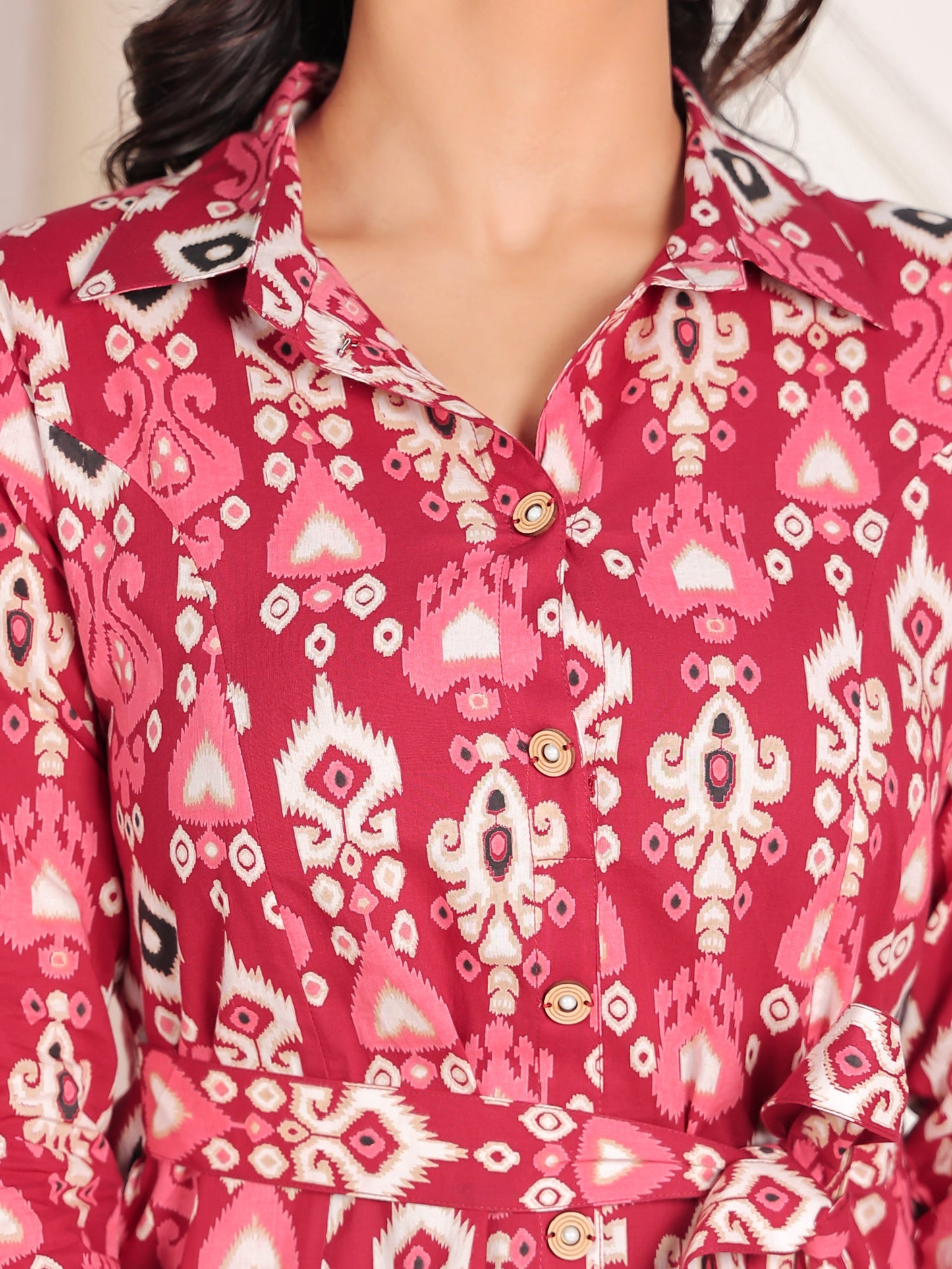 Soft Cotton Ikat High Low Maroon Dress