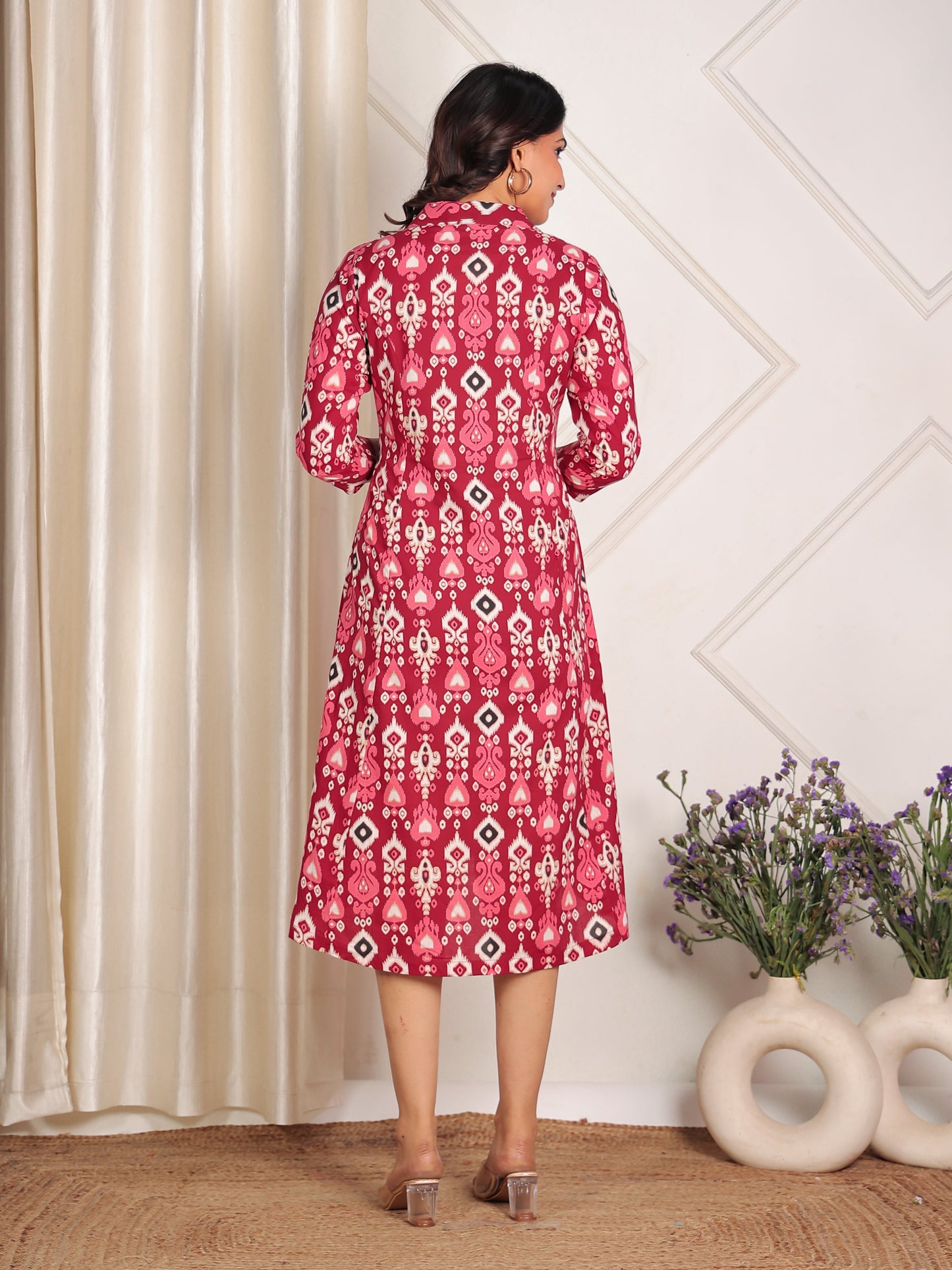 Soft Cotton Ikat High Low Maroon Dress