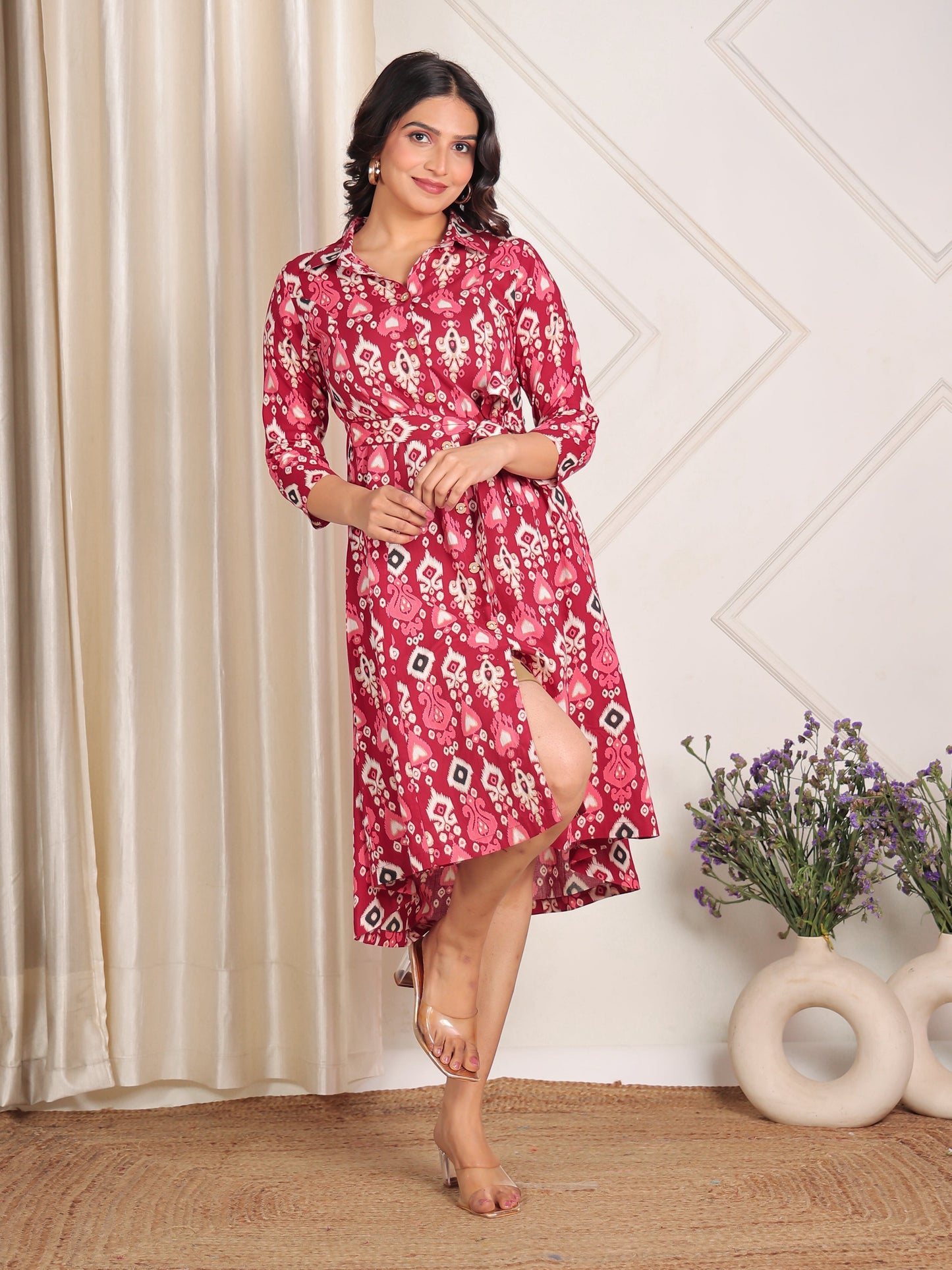 Soft Cotton Ikat High Low Maroon Dress