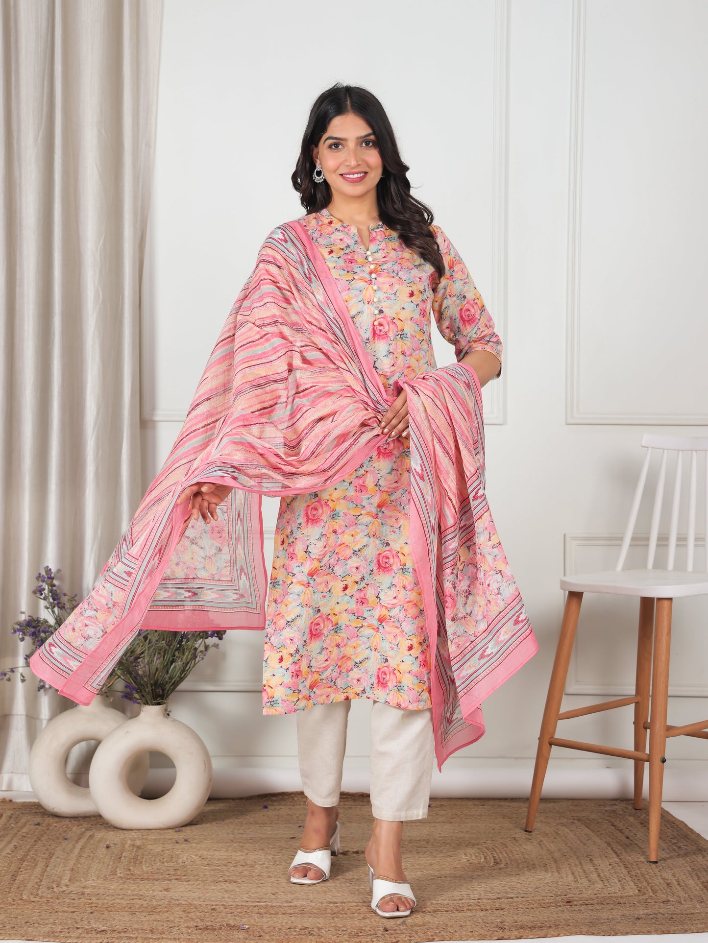 Cotton Voile Floral Peach Dupatta