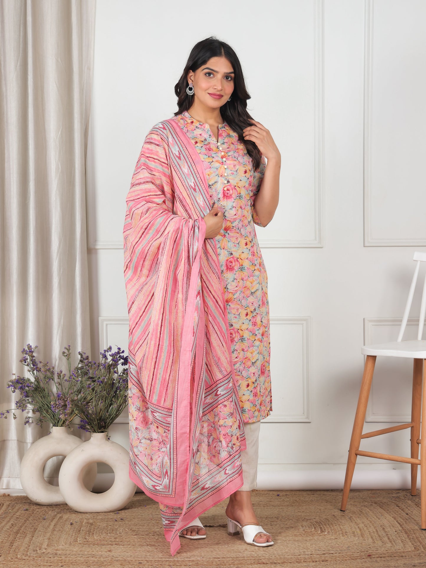 Cotton Voile Floral Peach Dupatta