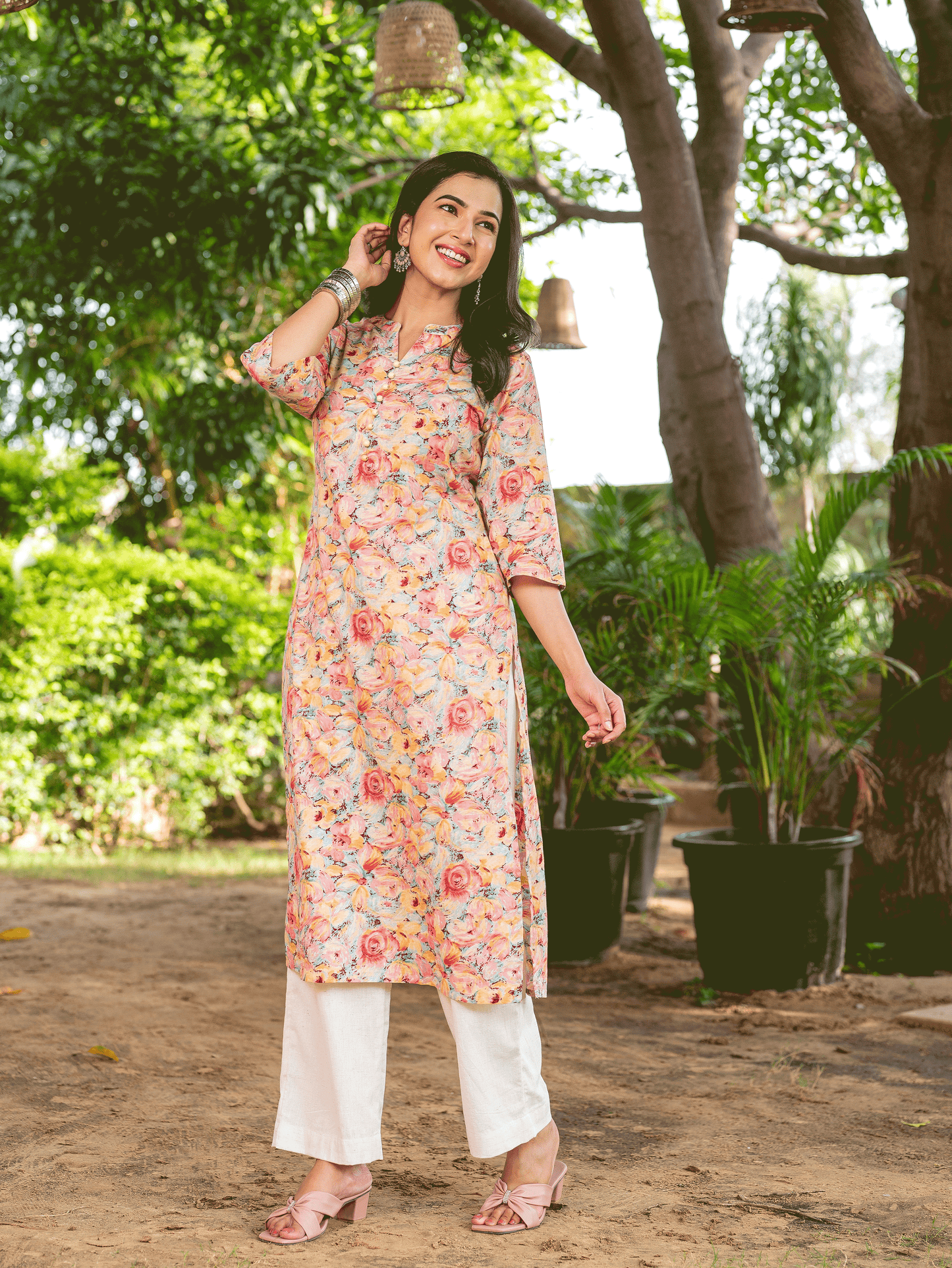 Soft Cotton Floral Straight Peach Kurta
