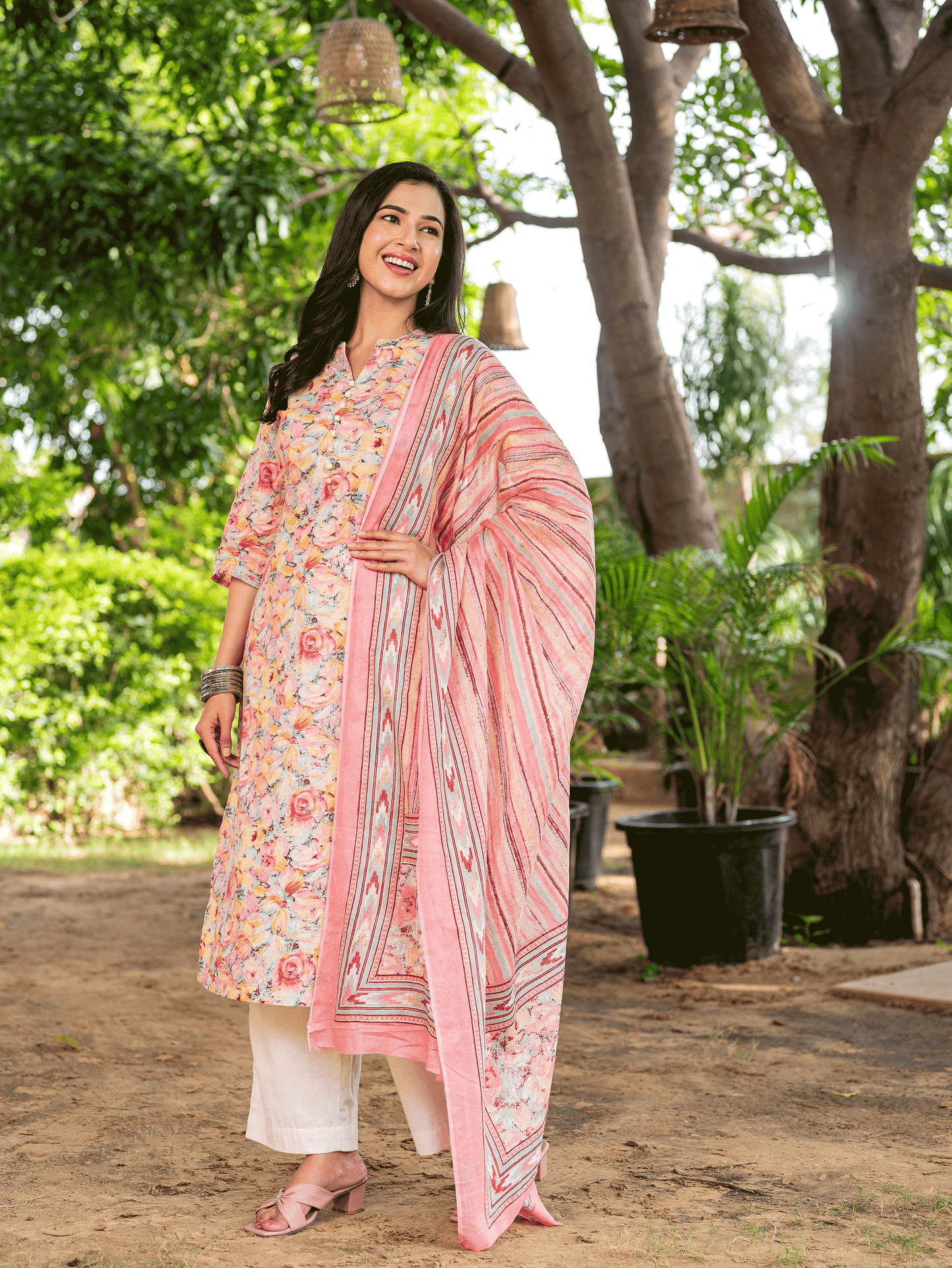 Soft Cotton Floral Straight Peach Kurta