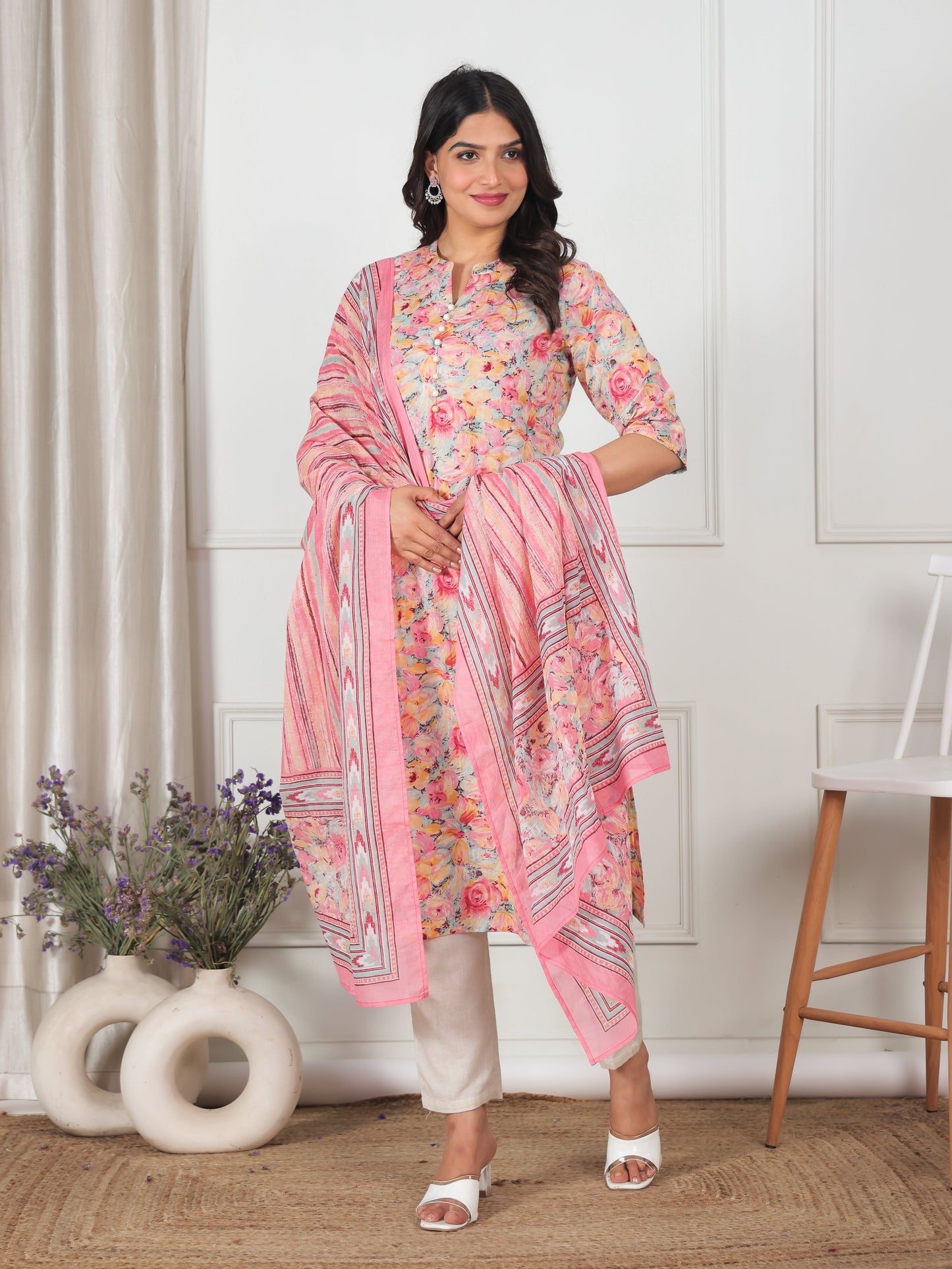 Soft Cotton Floral Straight Peach Kurta