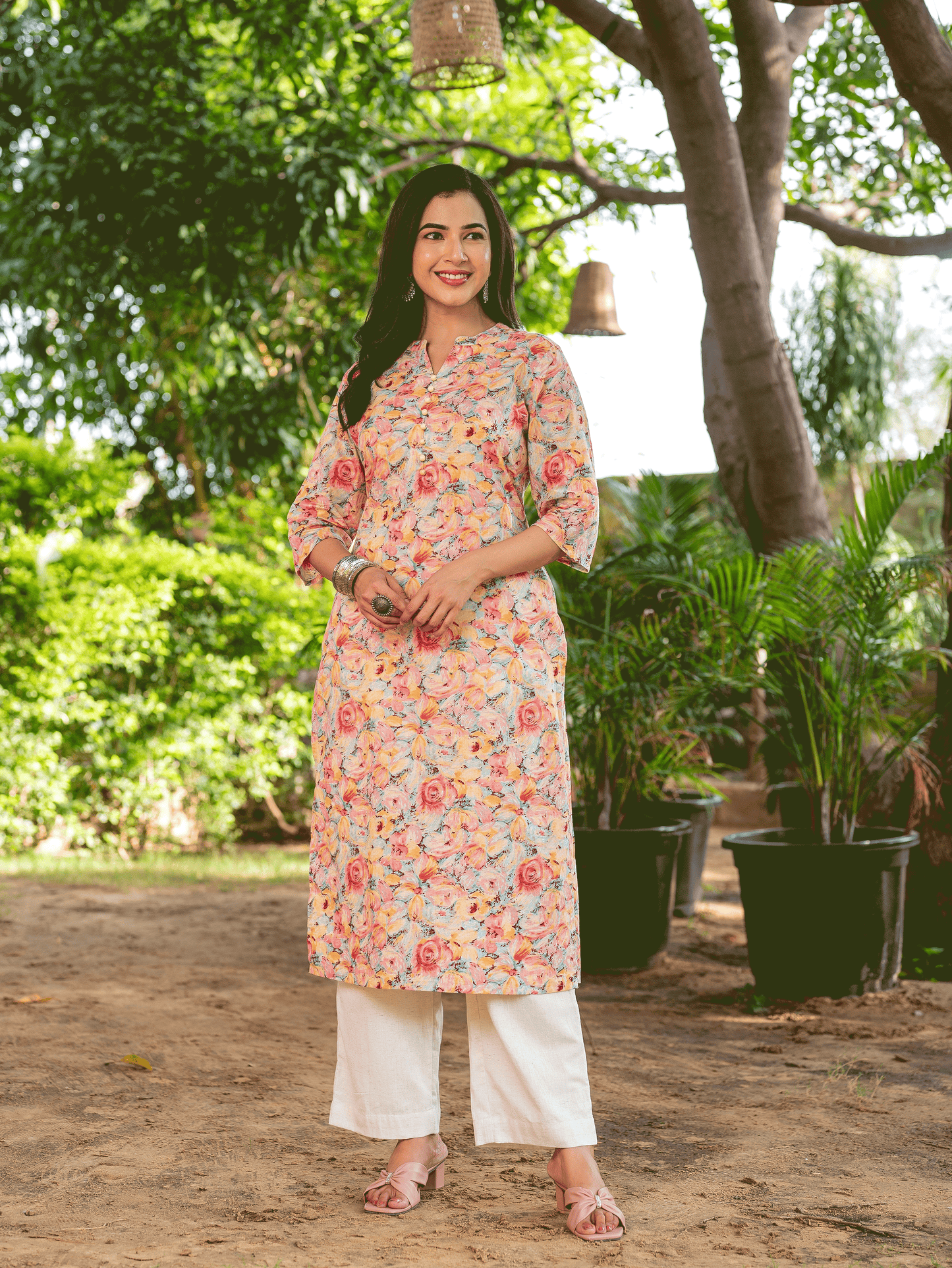 Soft Cotton Floral Straight Peach Kurta
