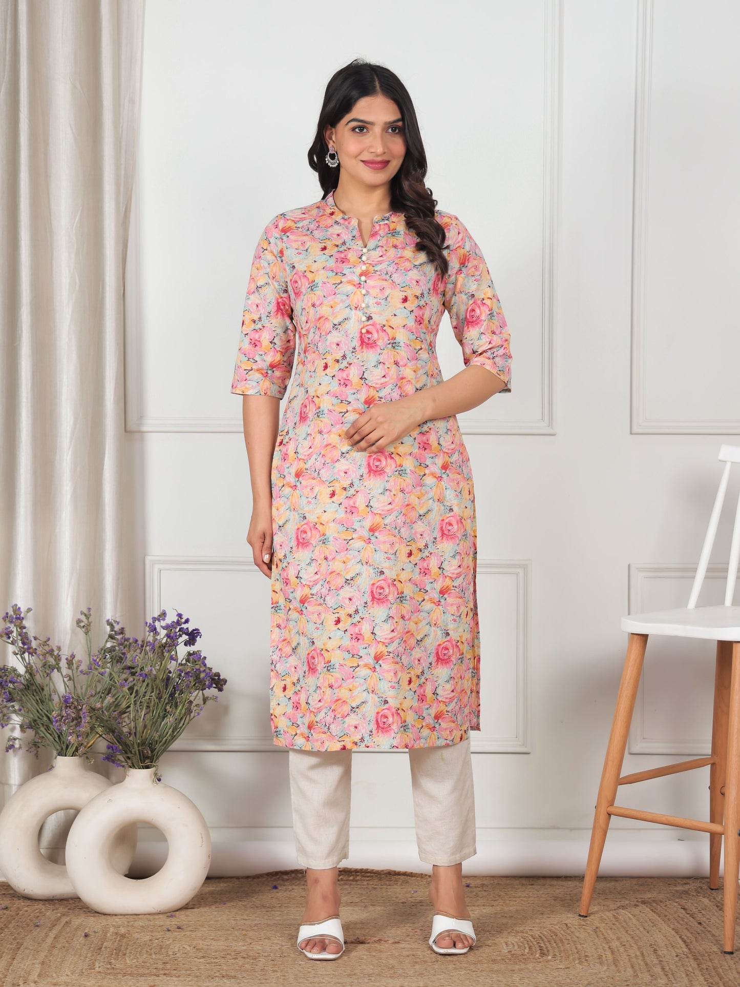 Soft Cotton Floral Straight Peach Kurta