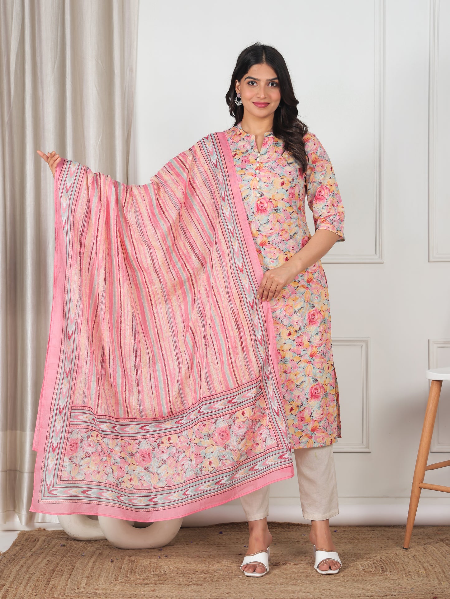 Soft Cotton Floral Straight Peach Kurta