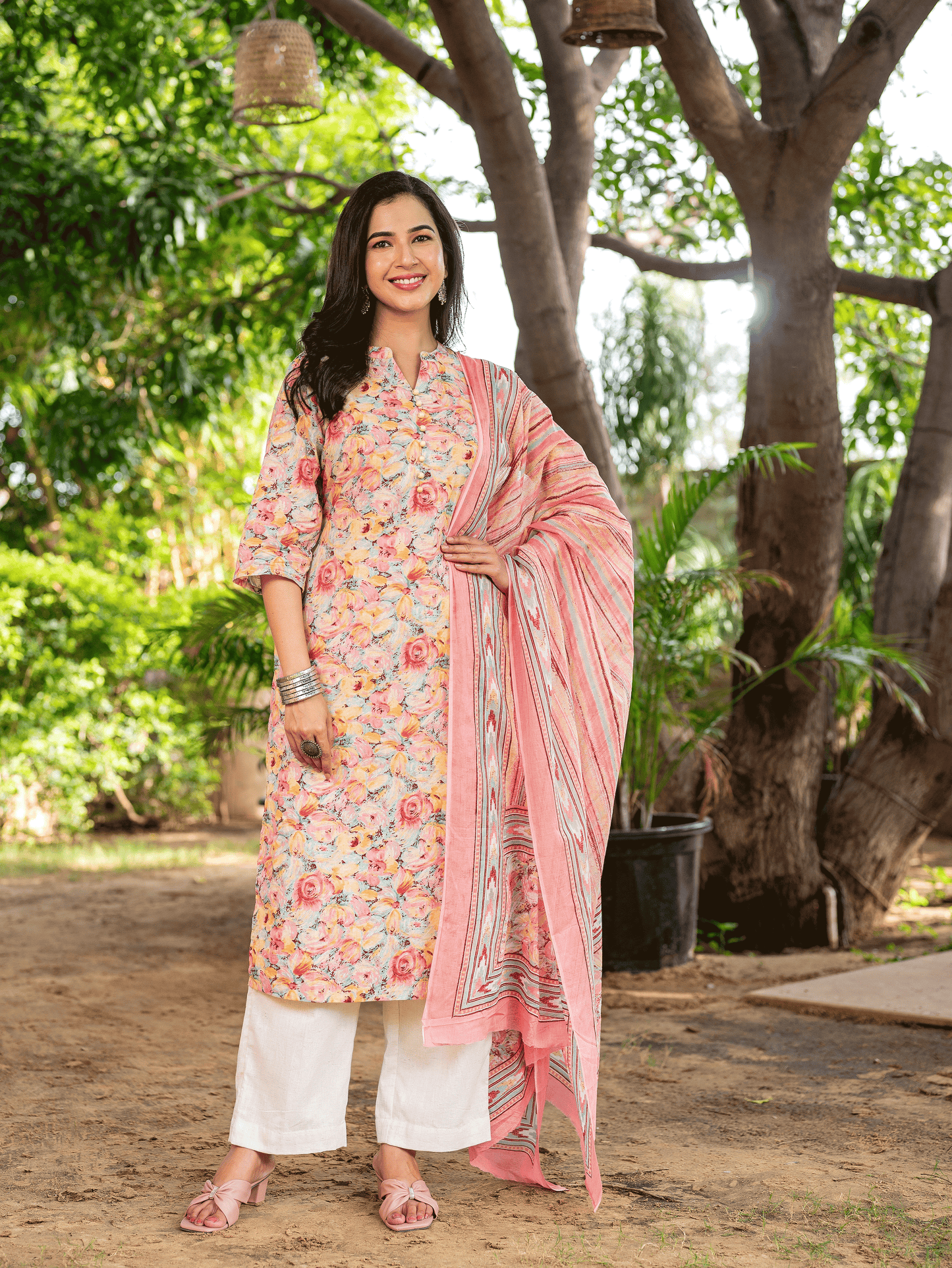 Soft Cotton Floral Straight Peach Kurta