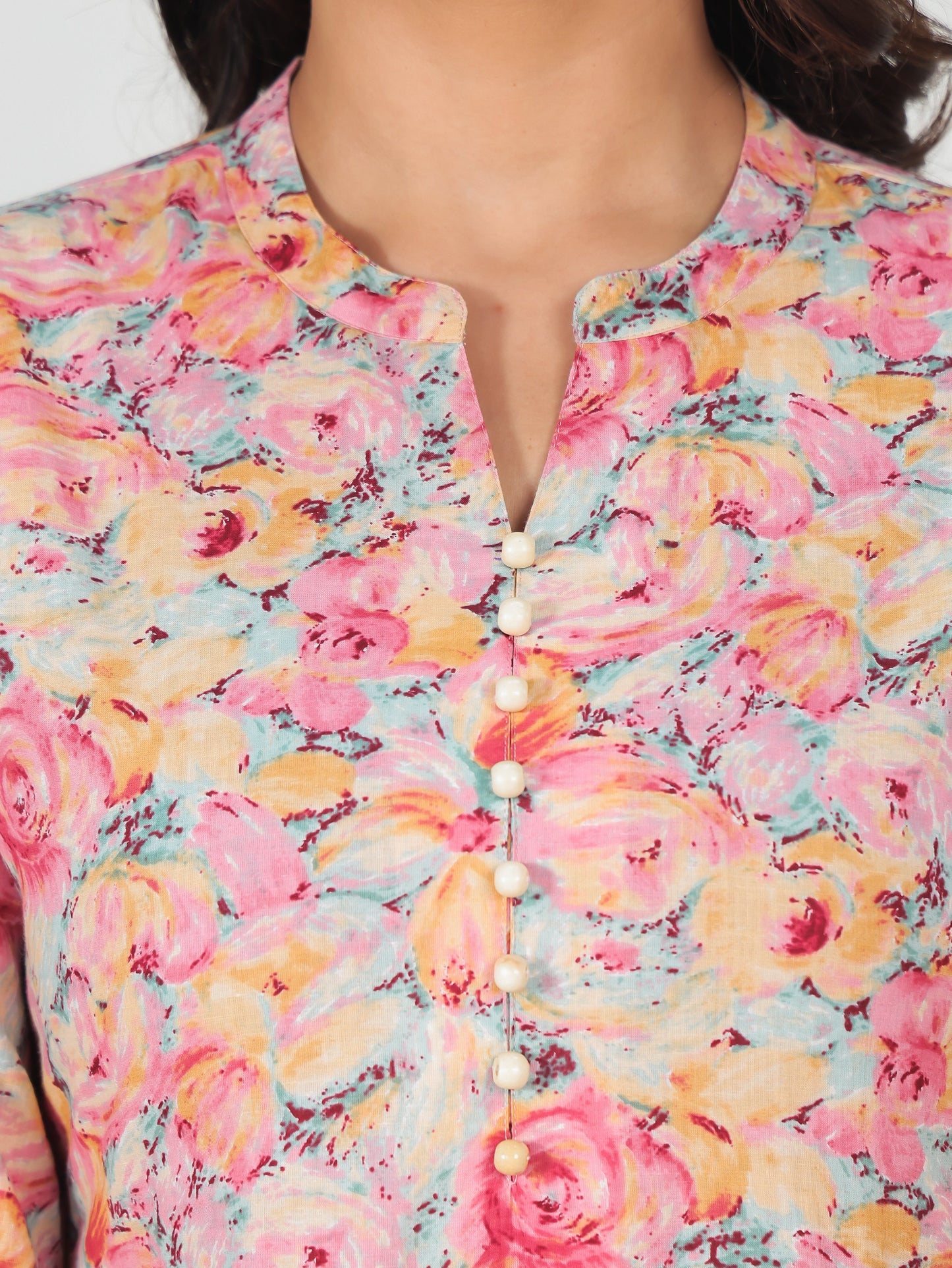 Soft Cotton Floral Straight Peach Kurta