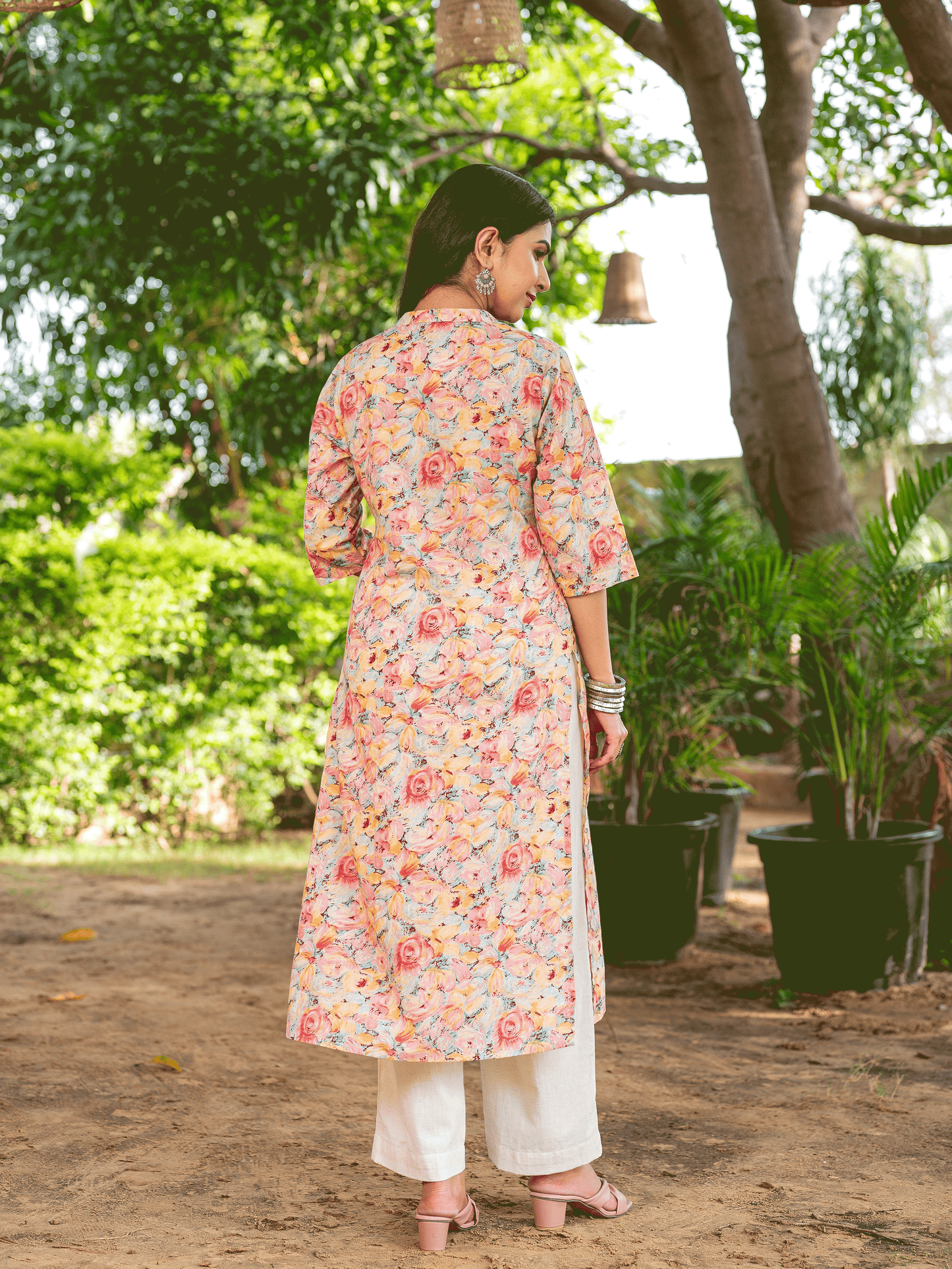 Soft Cotton Floral Straight Peach Kurta