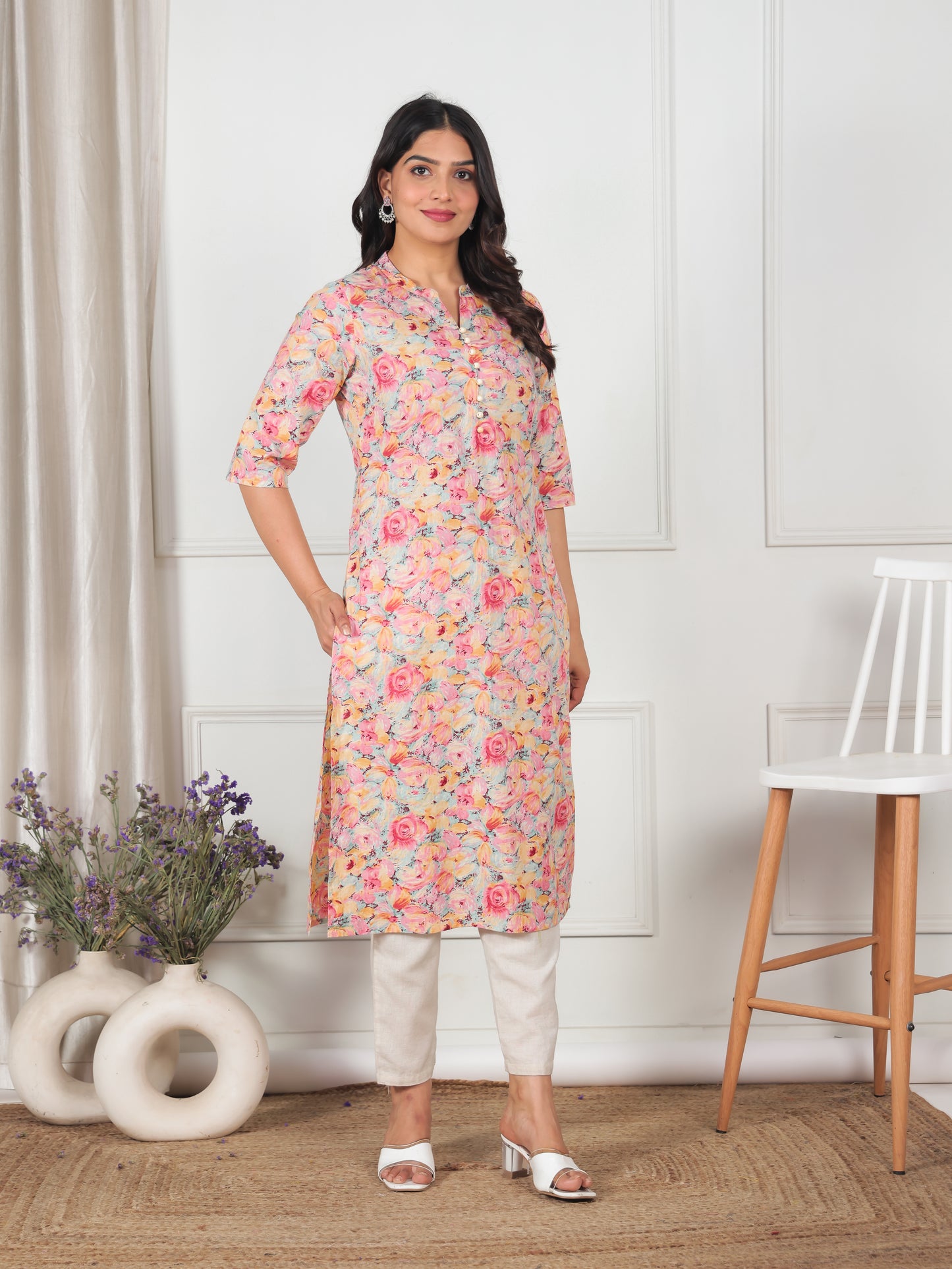 Soft Cotton Floral Straight Peach Kurta