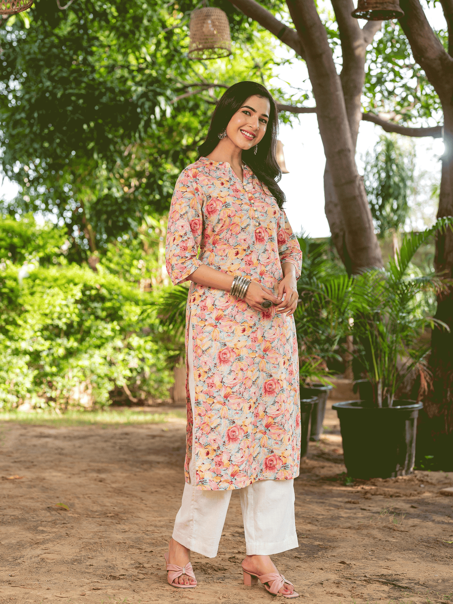 Soft Cotton Floral Straight Peach Kurta