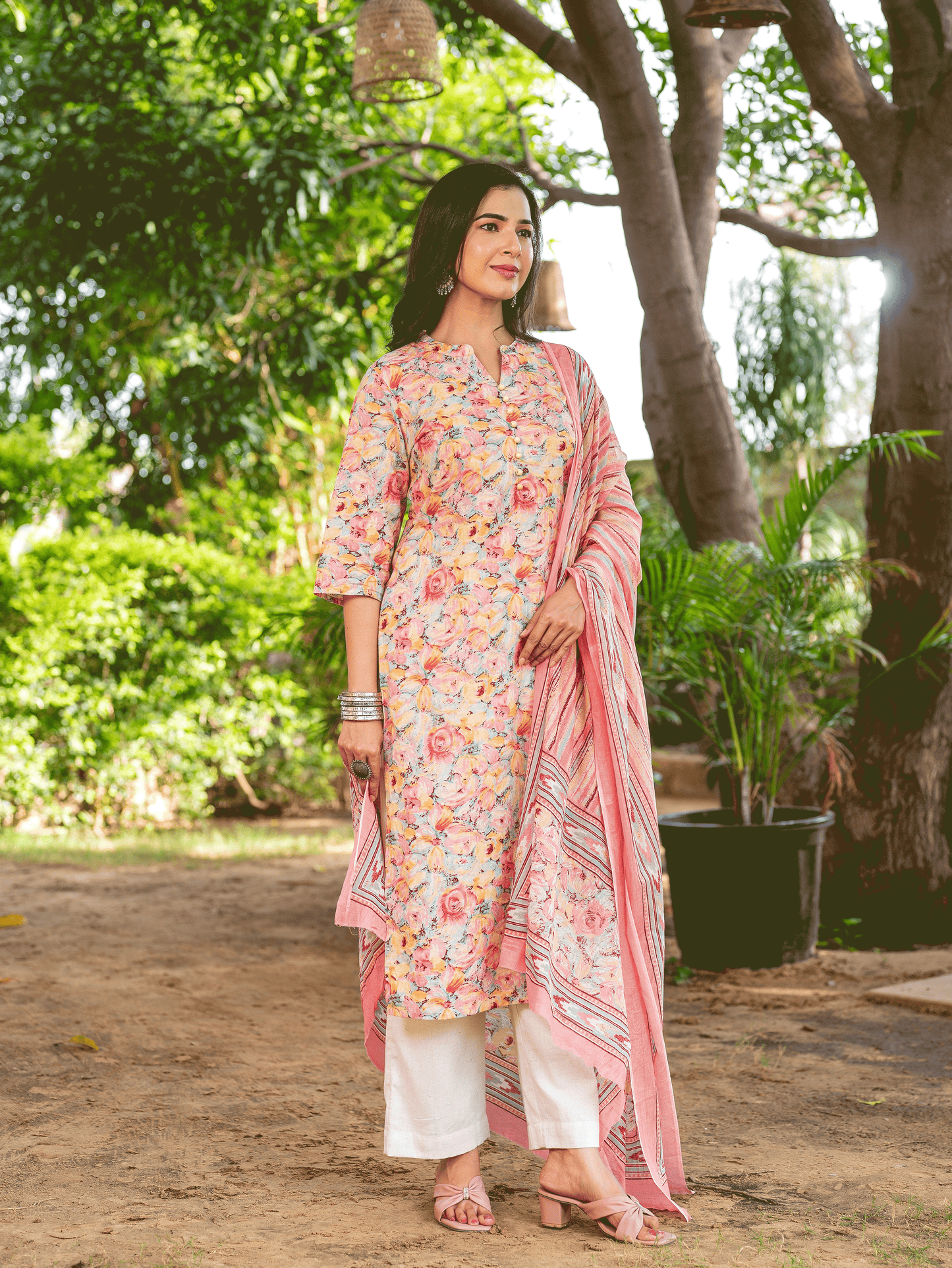 Soft Cotton Floral Straight Peach Kurta