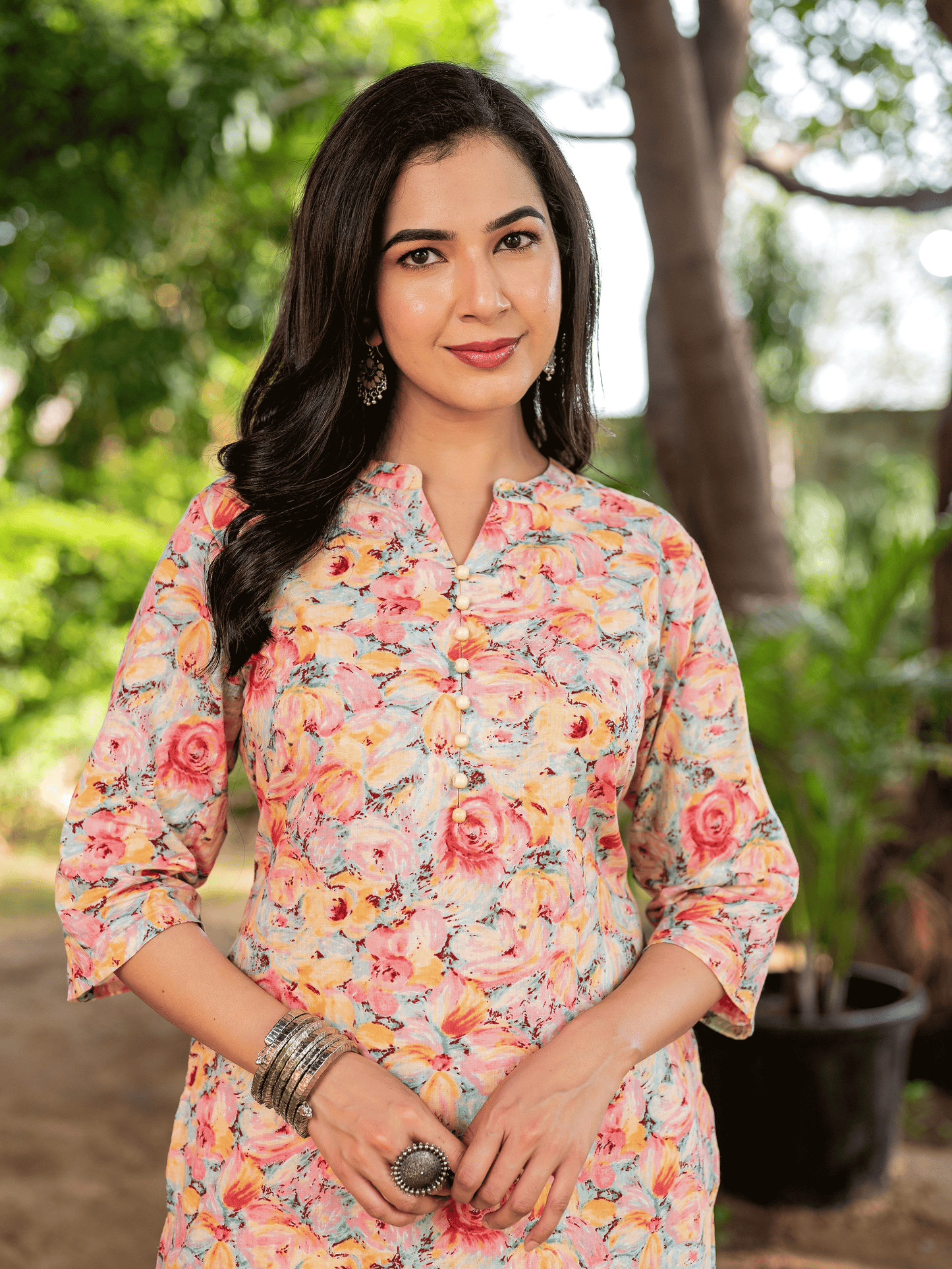 Soft Cotton Floral Straight Peach Kurta
