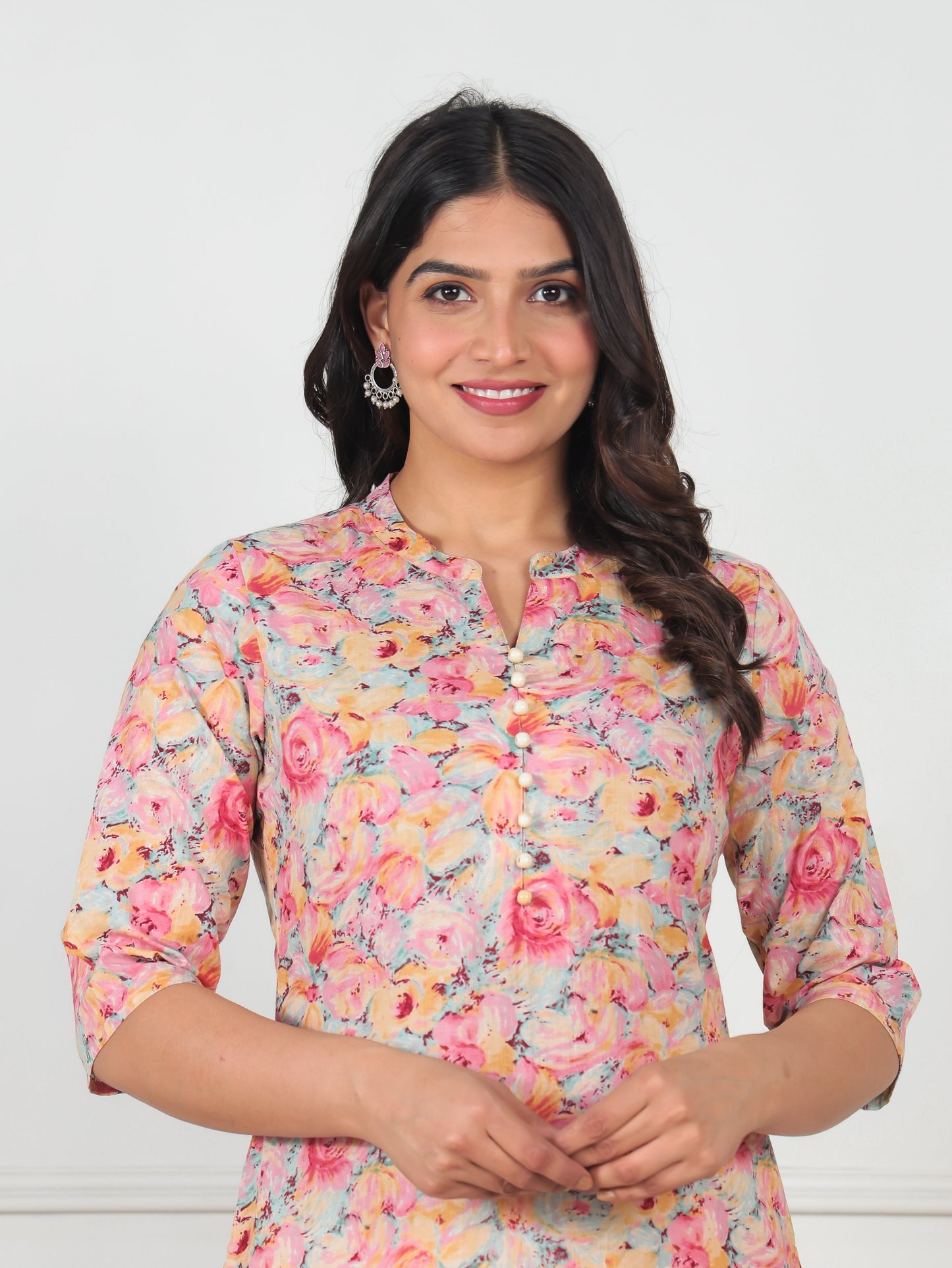 Soft Cotton Floral Straight Peach Kurta