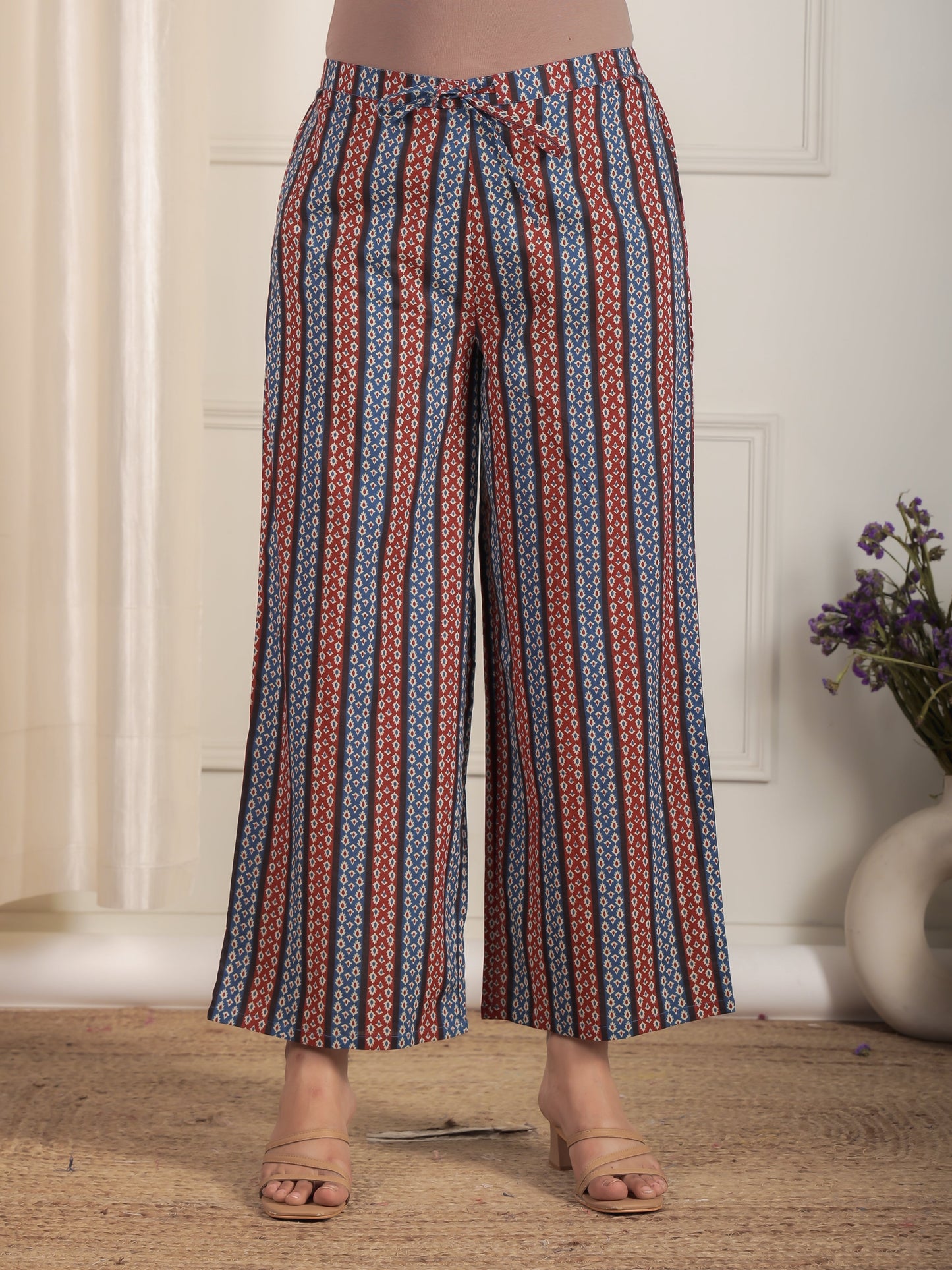 Soft Cotton Striped Blue Flared Trousers
