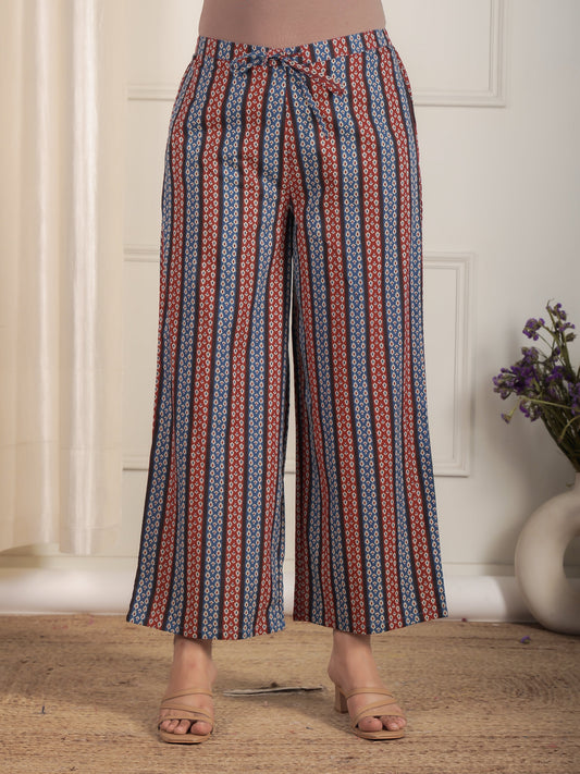 Soft Cotton Striped Blue Flared Trousers