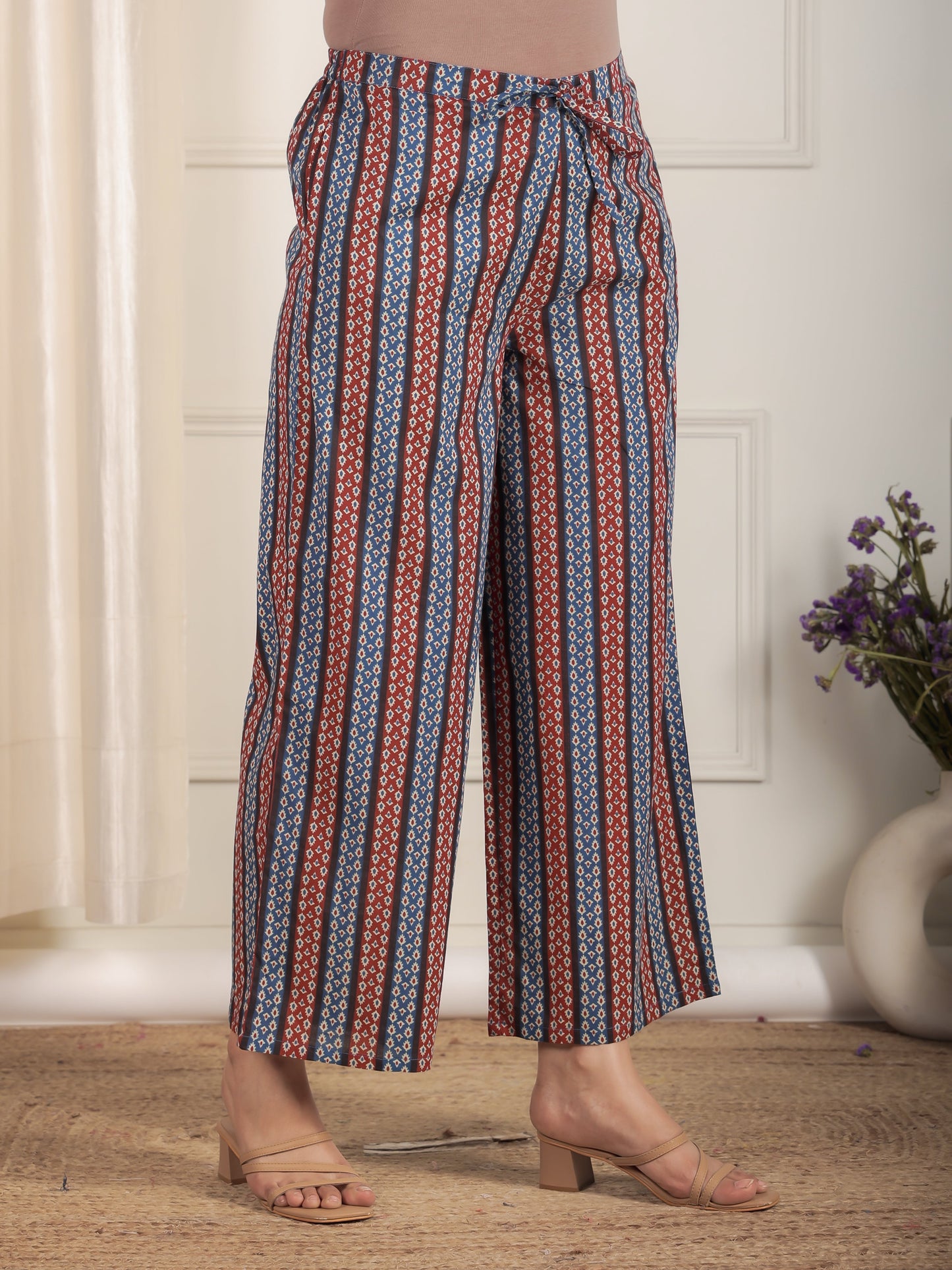 Soft Cotton Striped Blue Flared Trousers