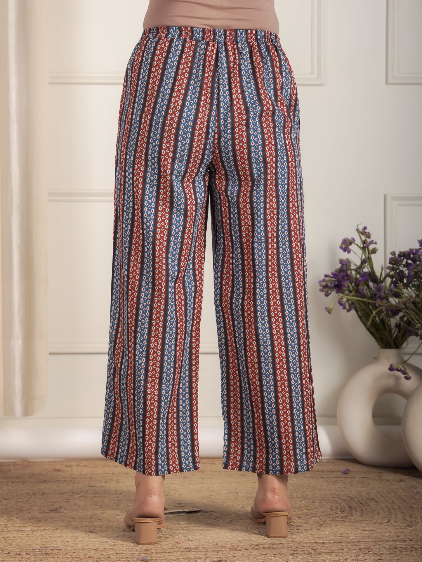 Soft Cotton Striped Blue Flared Trousers
