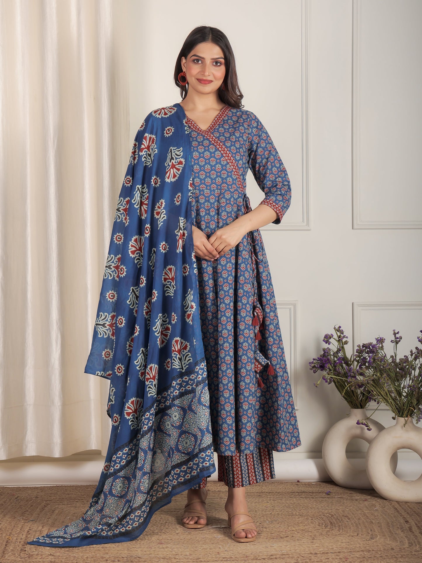 Soft Cotton Butti Angrakha Blue Kurta