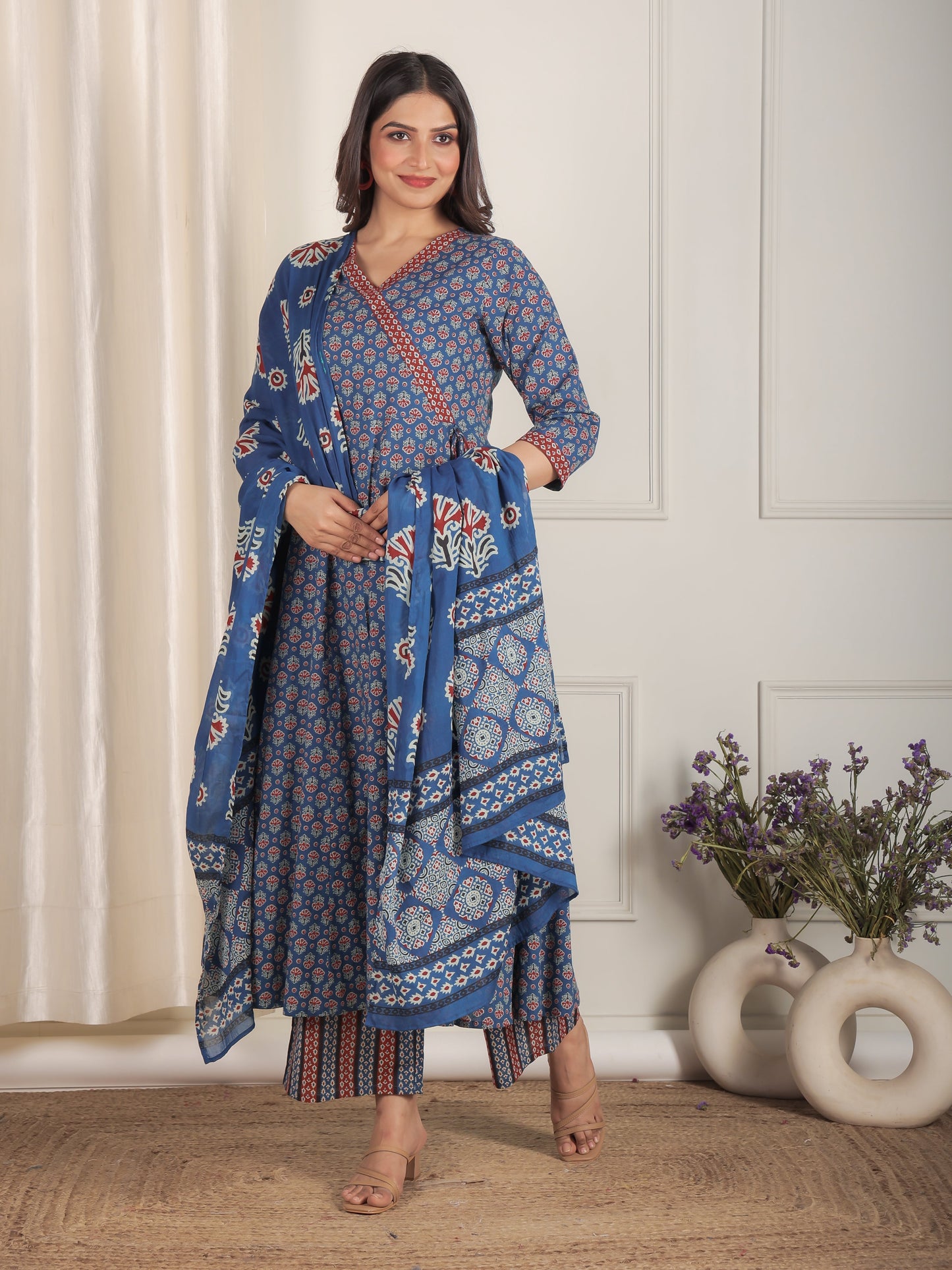 Soft Cotton Butti Angrakha Blue Kurta