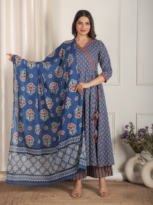 Soft Cotton Butti Angrakha Blue Kurta