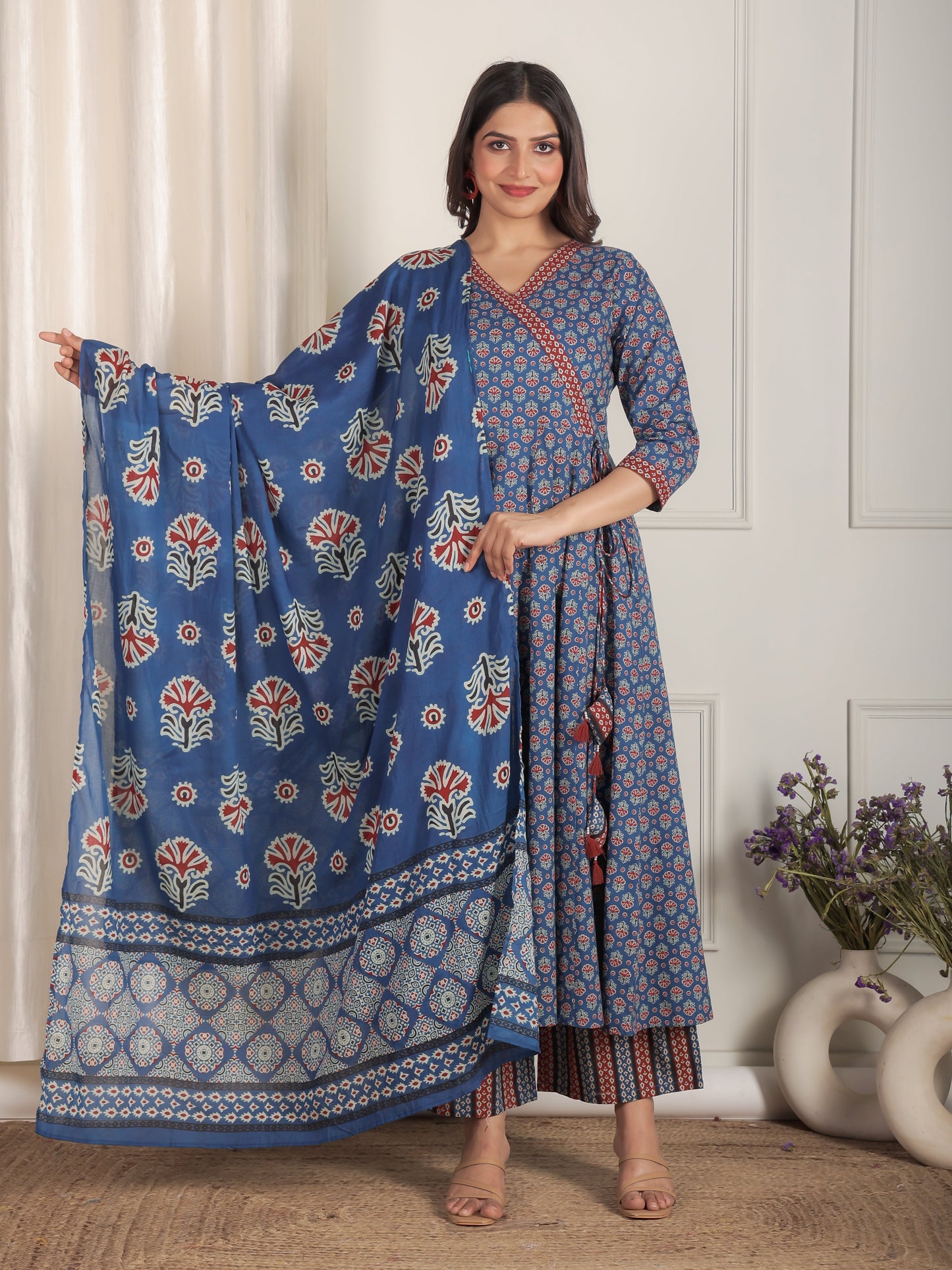 Soft Cotton Butti Angrakha Blue Kurta