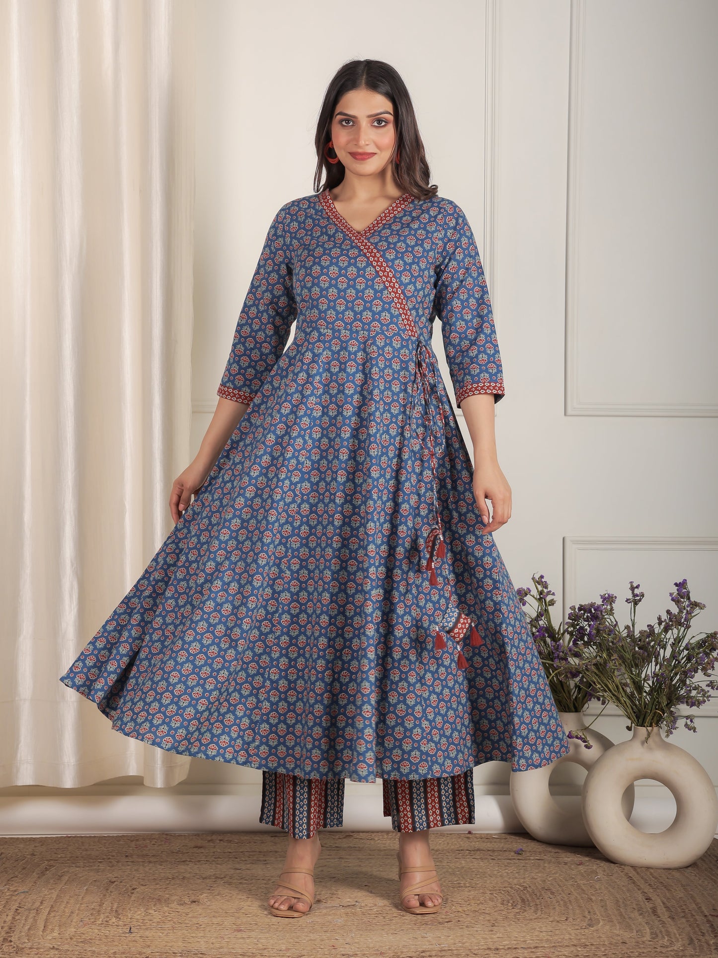 Soft Cotton Butti Angrakha Blue Kurta