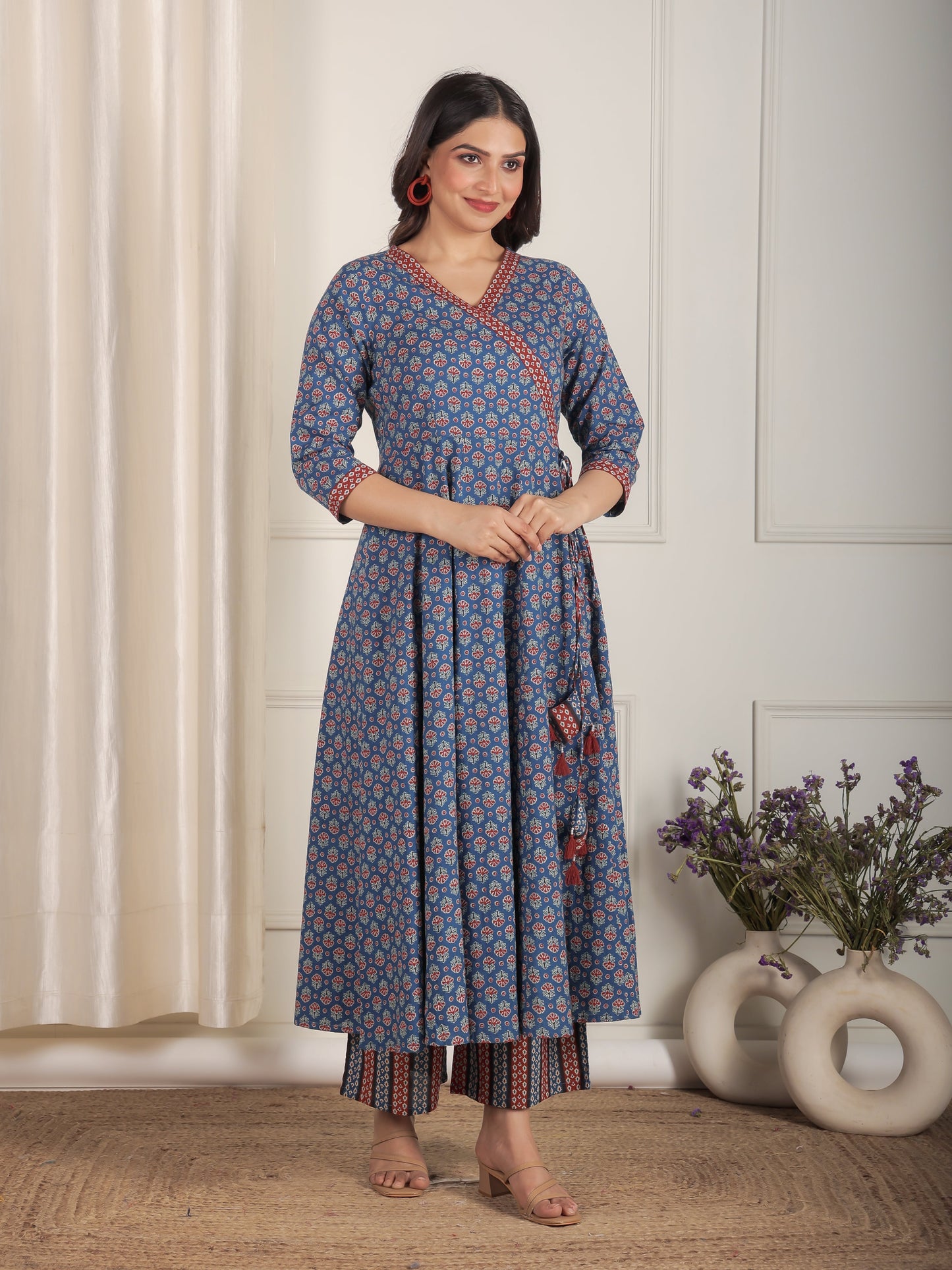 Soft Cotton Butti Angrakha Blue Kurta