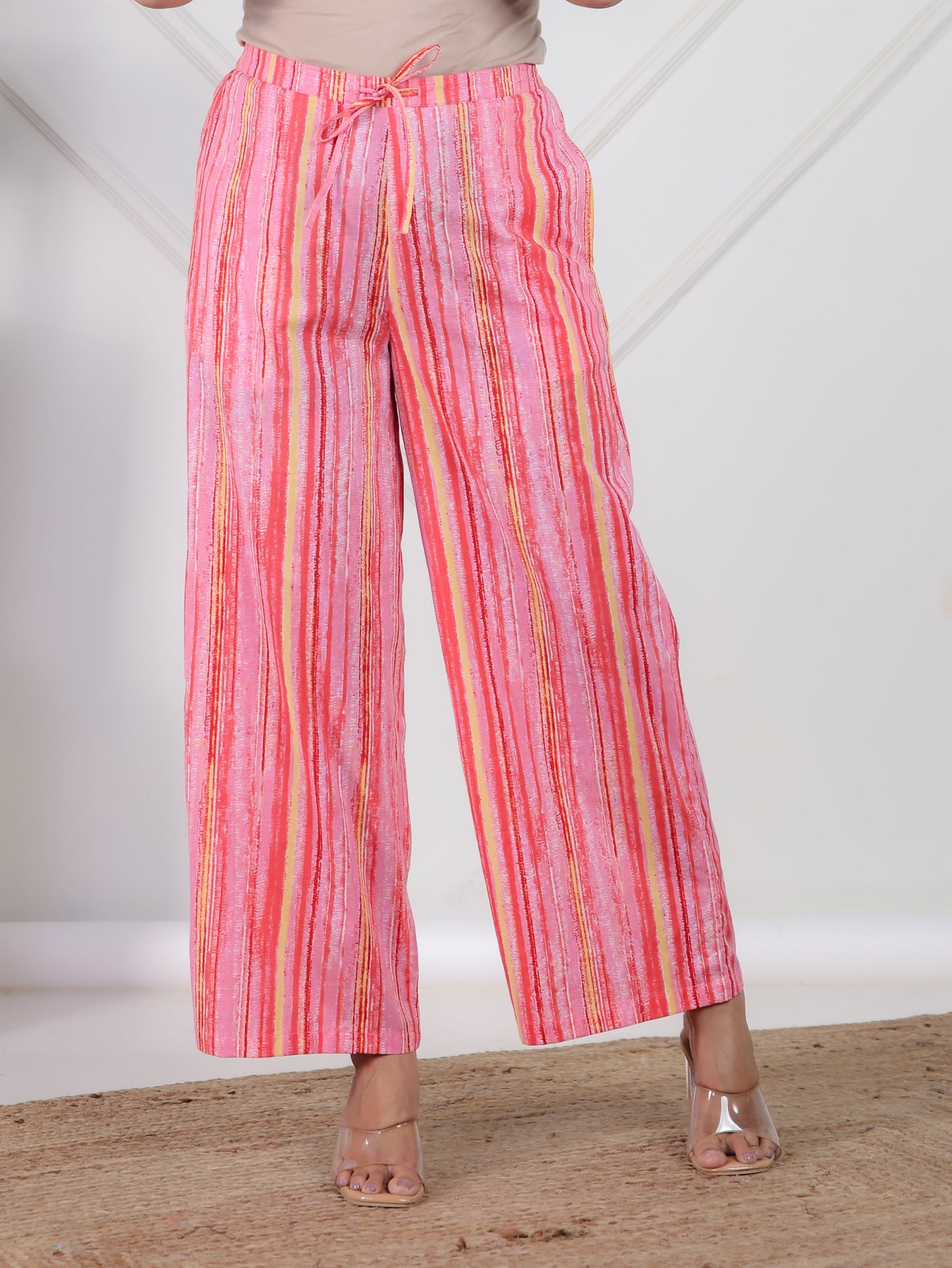 Soft Cotton Striped Peach Flared Trousers