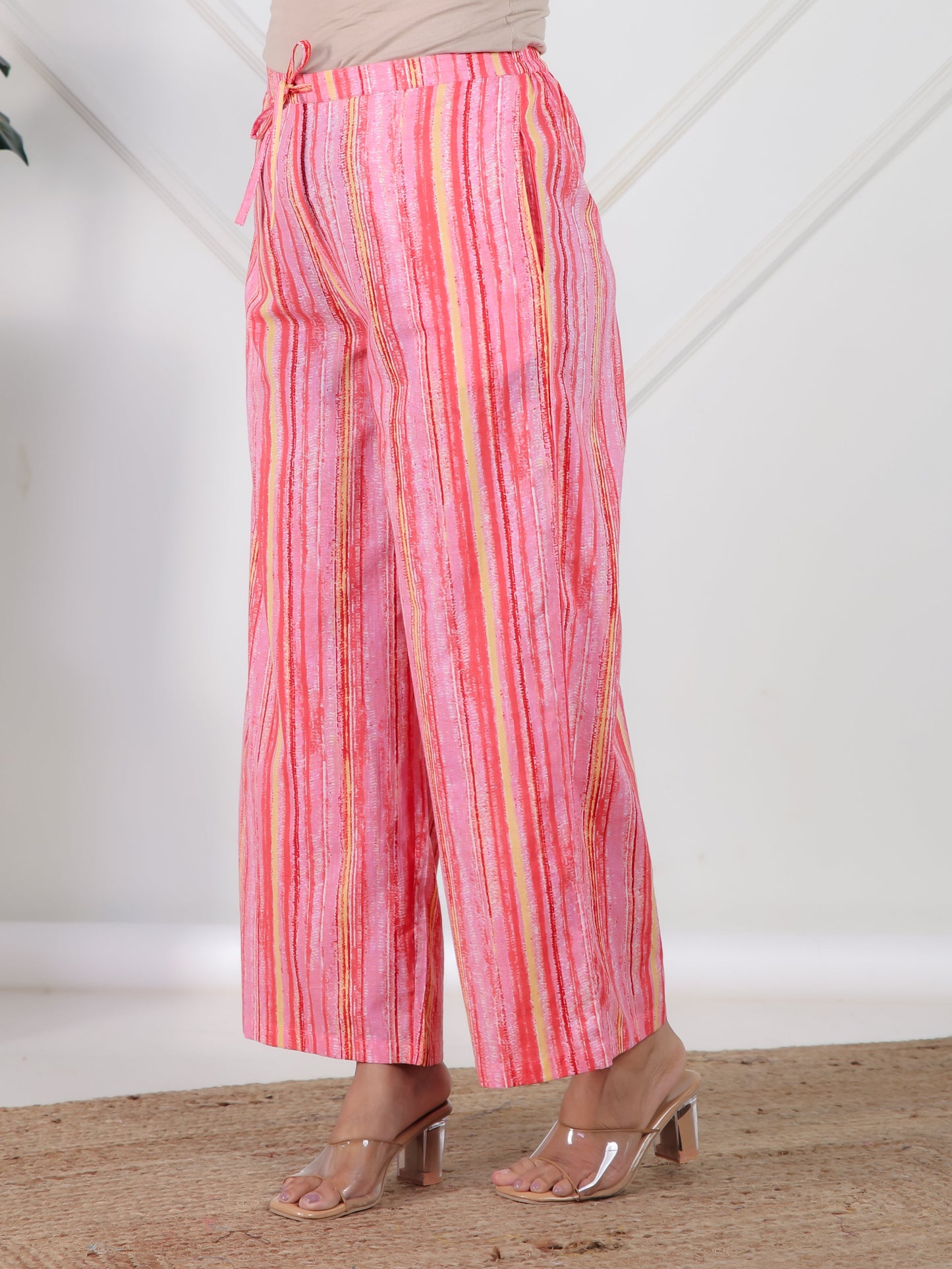 Soft Cotton Striped Peach Flared Trousers
