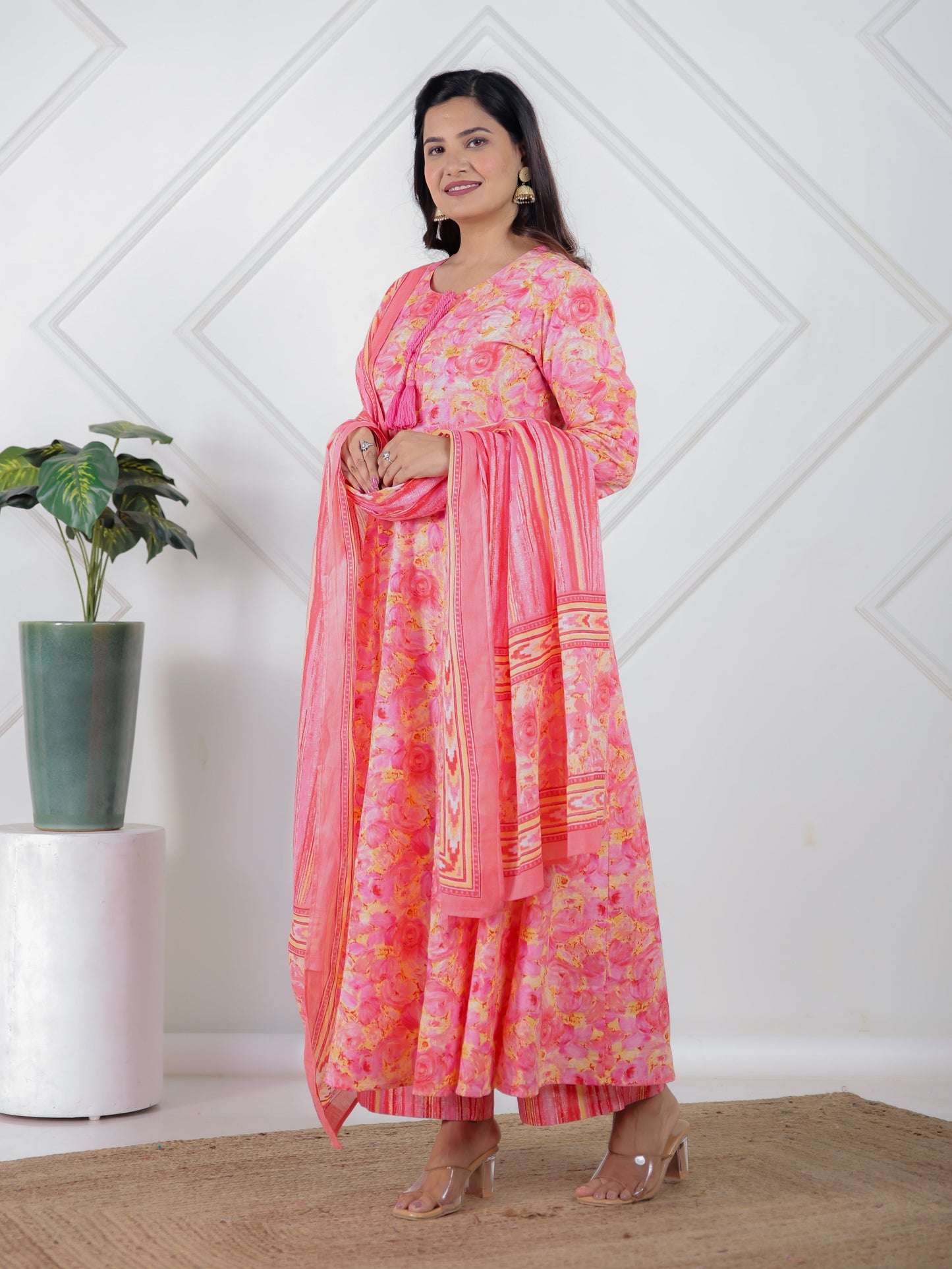 Soft Cotton Floral Flared Peach Kurta