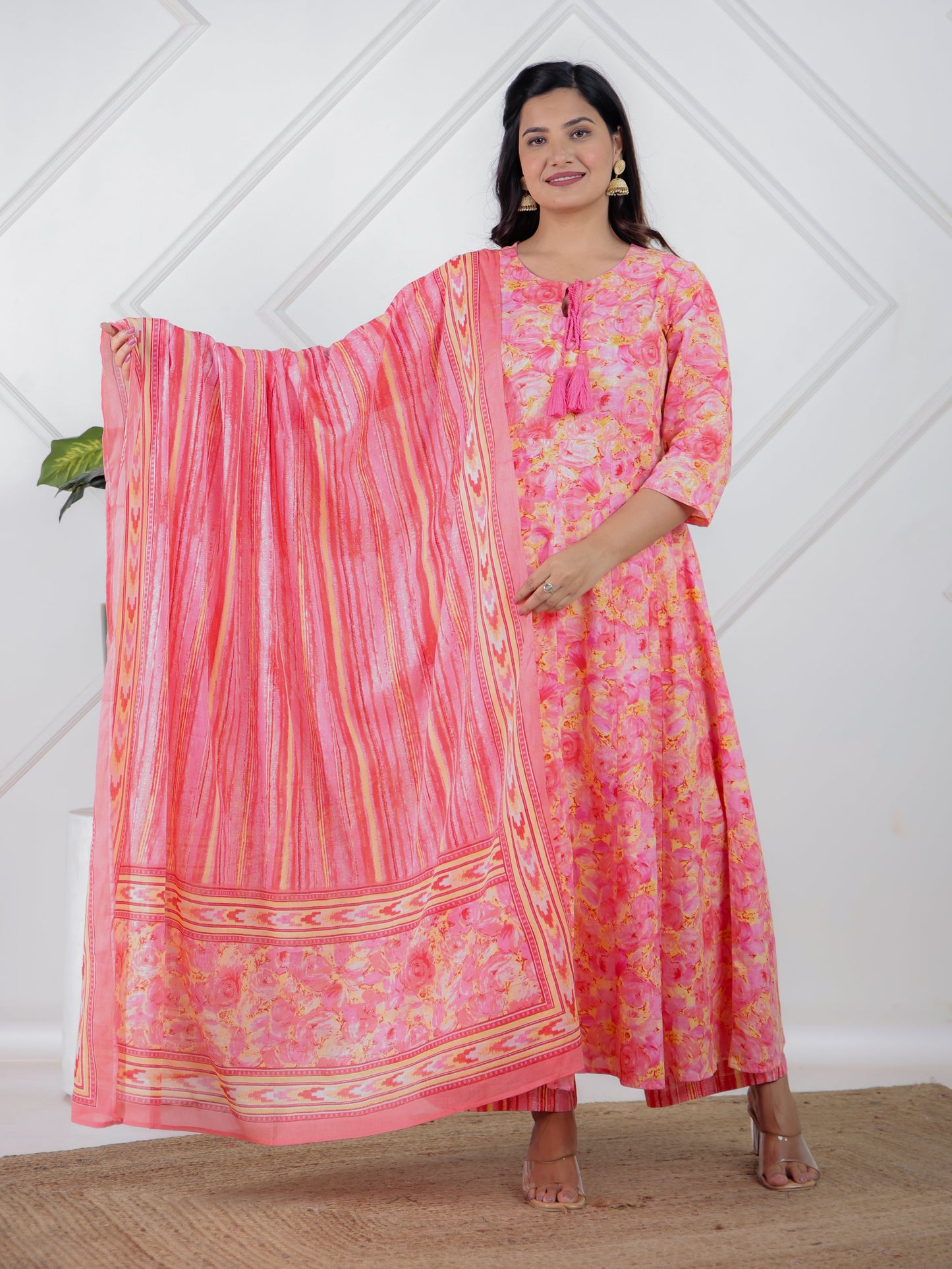 Soft Cotton Floral Flared Peach Kurta