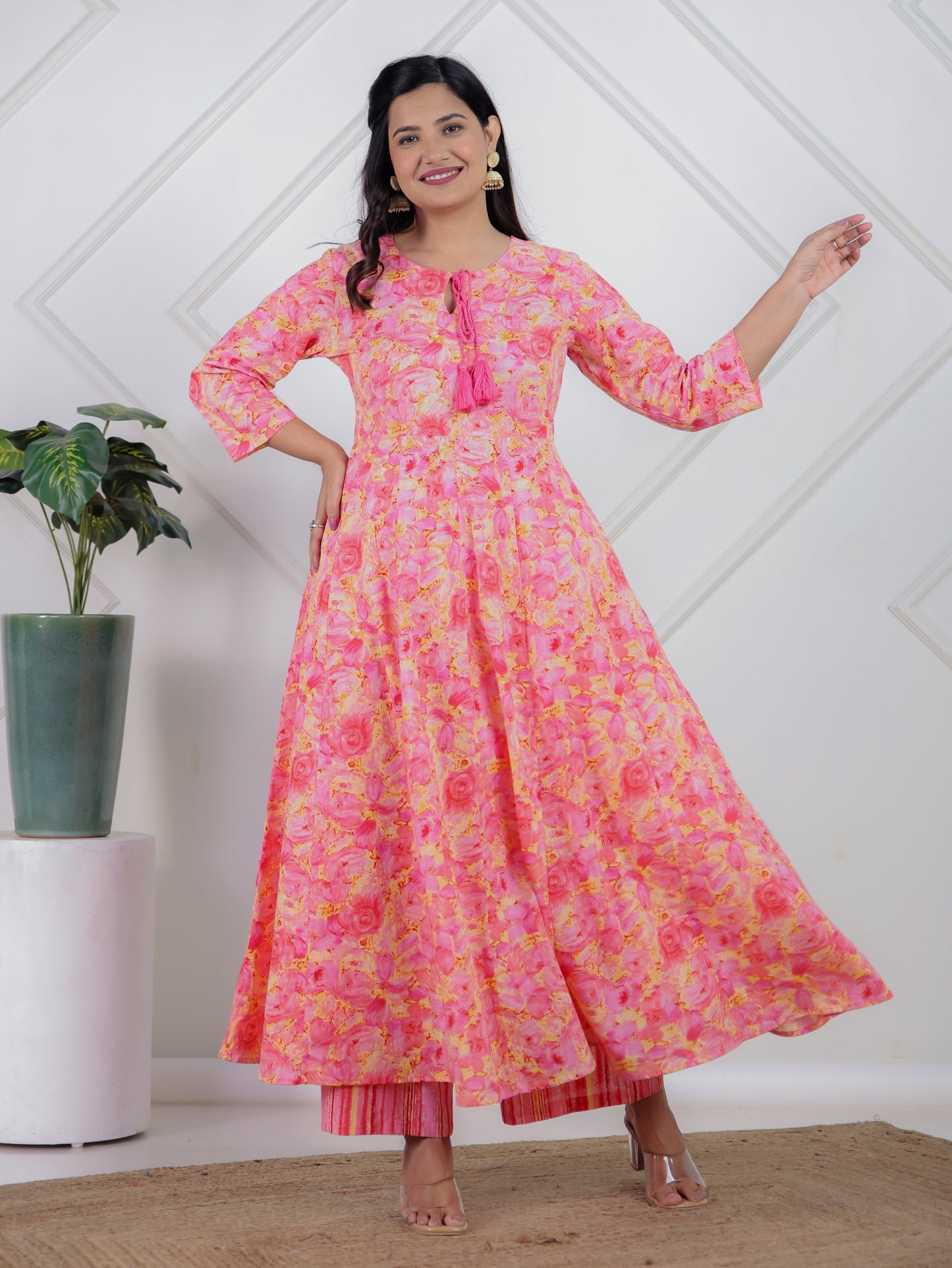 Soft Cotton Floral Anarkali Peach Kurta